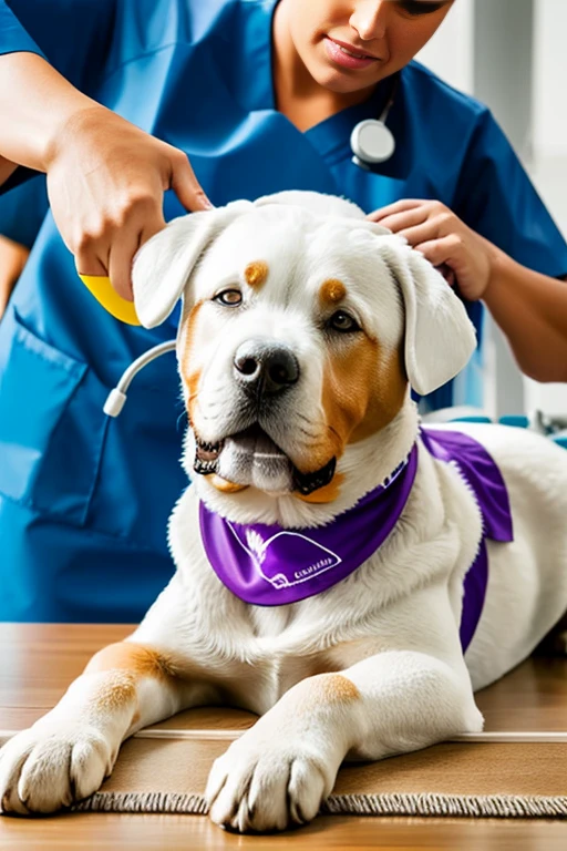  White fur Rottweiler dog with bandana around his neck is lying on a veterinary table Receiving a massage treatment from a woman western nurse specializing in dog health setting canine veterinary clinic.

