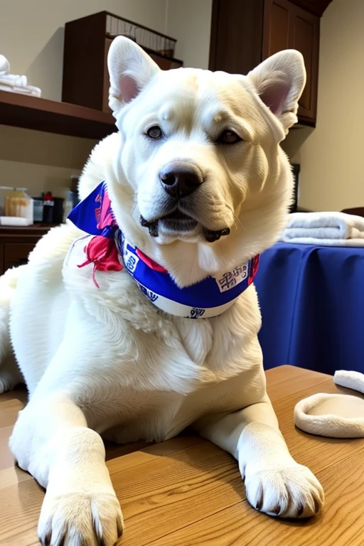  White fur Rottweiler dog with bandana around his neck is lying on a veterinary table Receiving a massage treatment from a woman western nurse specializing in dog health setting canine veterinary clinic.

