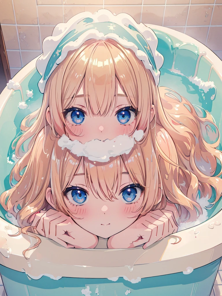 (,relax, elaborate Bathtub covered with Fluffy foam, from right above, high resolution, masterpiece, 8k, ultra-detailed:1.4), 1girl, Japanese idol, 14 years old, kawaii, peerless cute girl, take a bath, completely nude, photo realistic, photo realistic, photo realistic, (masterpiece,best quality:1.4),(8k,raw photo,photo realistic:1.2),Not Safe for Work, detailed skin, detailed face, cute face, (raw photo, photo realistic: 1.2), masterpiece, top-quality, (Face out of the bathtub. , :1.2),
(((all fours))),blue eyes, happy, red blush, medium bob, blonde hair, towel bandana, ((shiny wavy hair)), ((head rest)),,Face focus,
