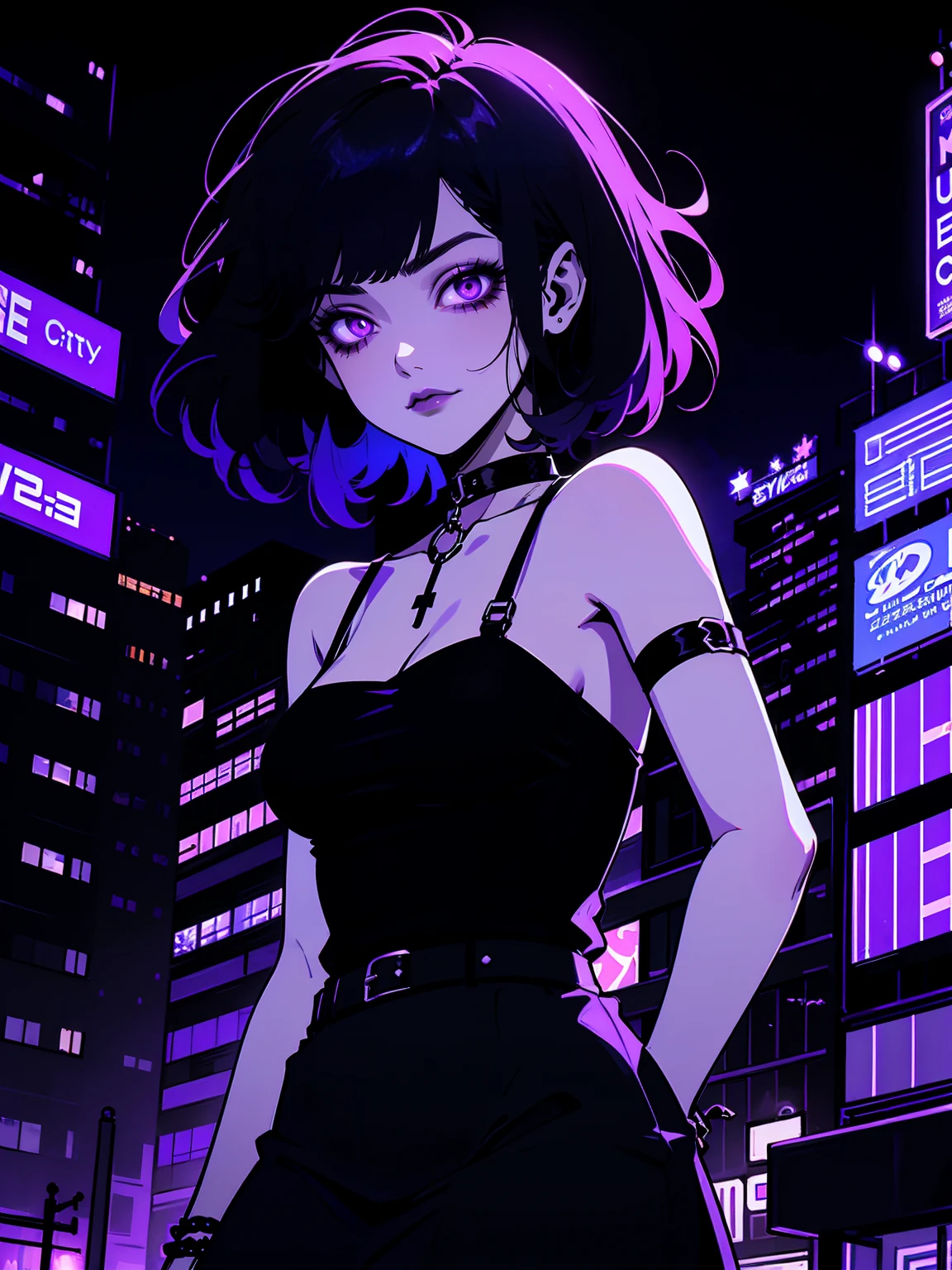neon palette, 1girl, (masterpiece), short black hair, side swept bangs, dark purple eyes, oversized black shirt, black skirt, black pantyhose, black choker on neck. (purple gradient night time city background:1.5)