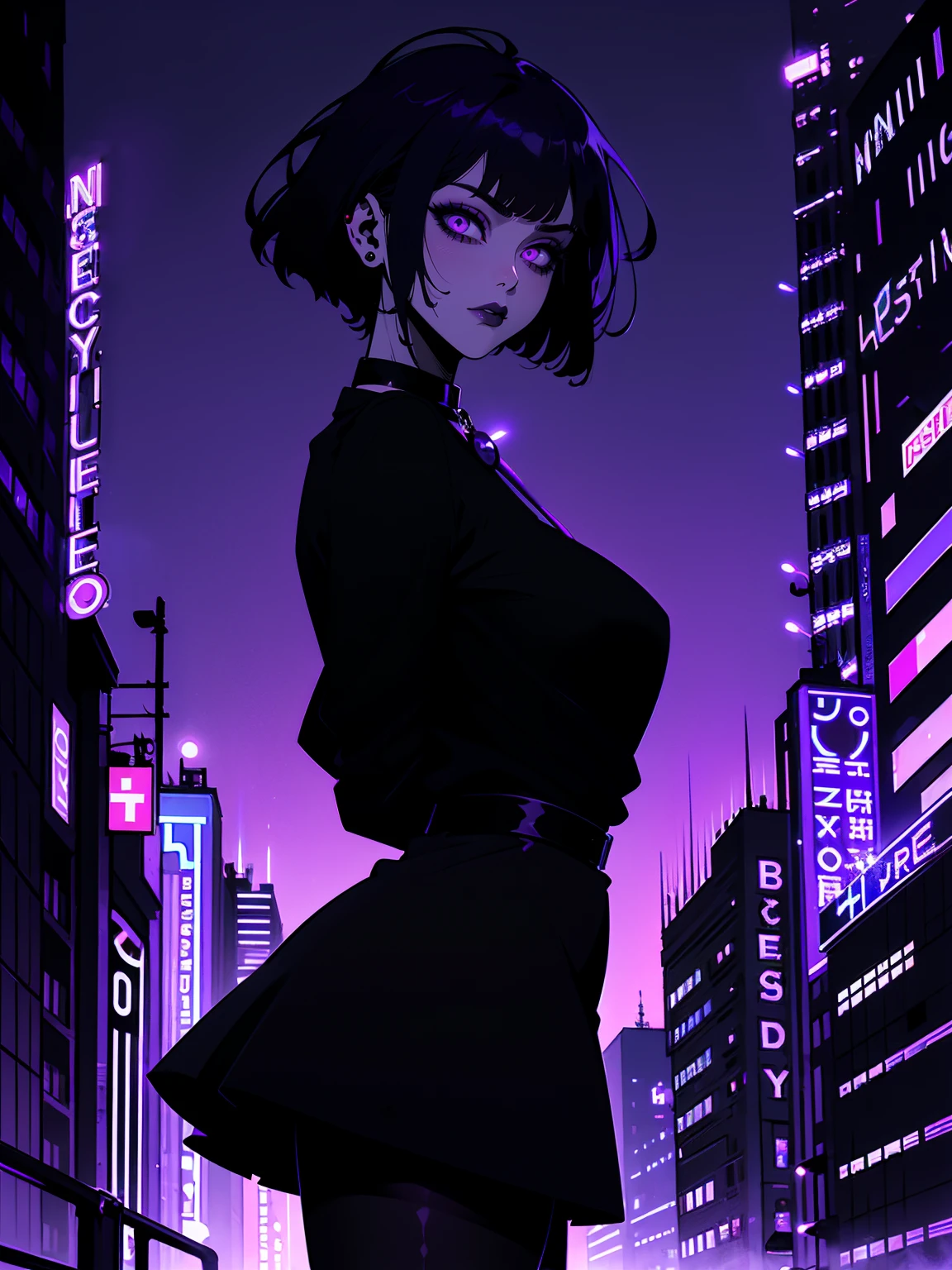 neon palette, 1girl, (masterpiece), short black hair, side swept bangs, dark purple eyes, oversized black shirt, black skirt, black pantyhose, black choker on neck. (purple gradient night time city background:1.5)