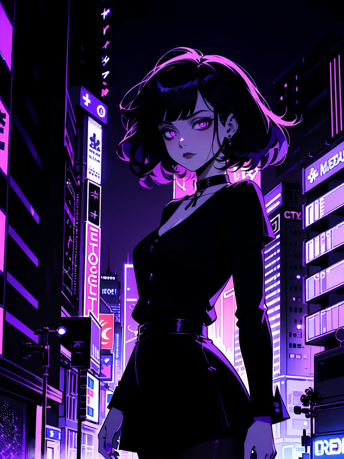 neon palette, 1girl, (masterpiece), short black hair, side swept bangs, dark purple eyes, oversized black shirt, black skirt, black pantyhose, black choker on neck. (purple gradient night time city background:1.5)