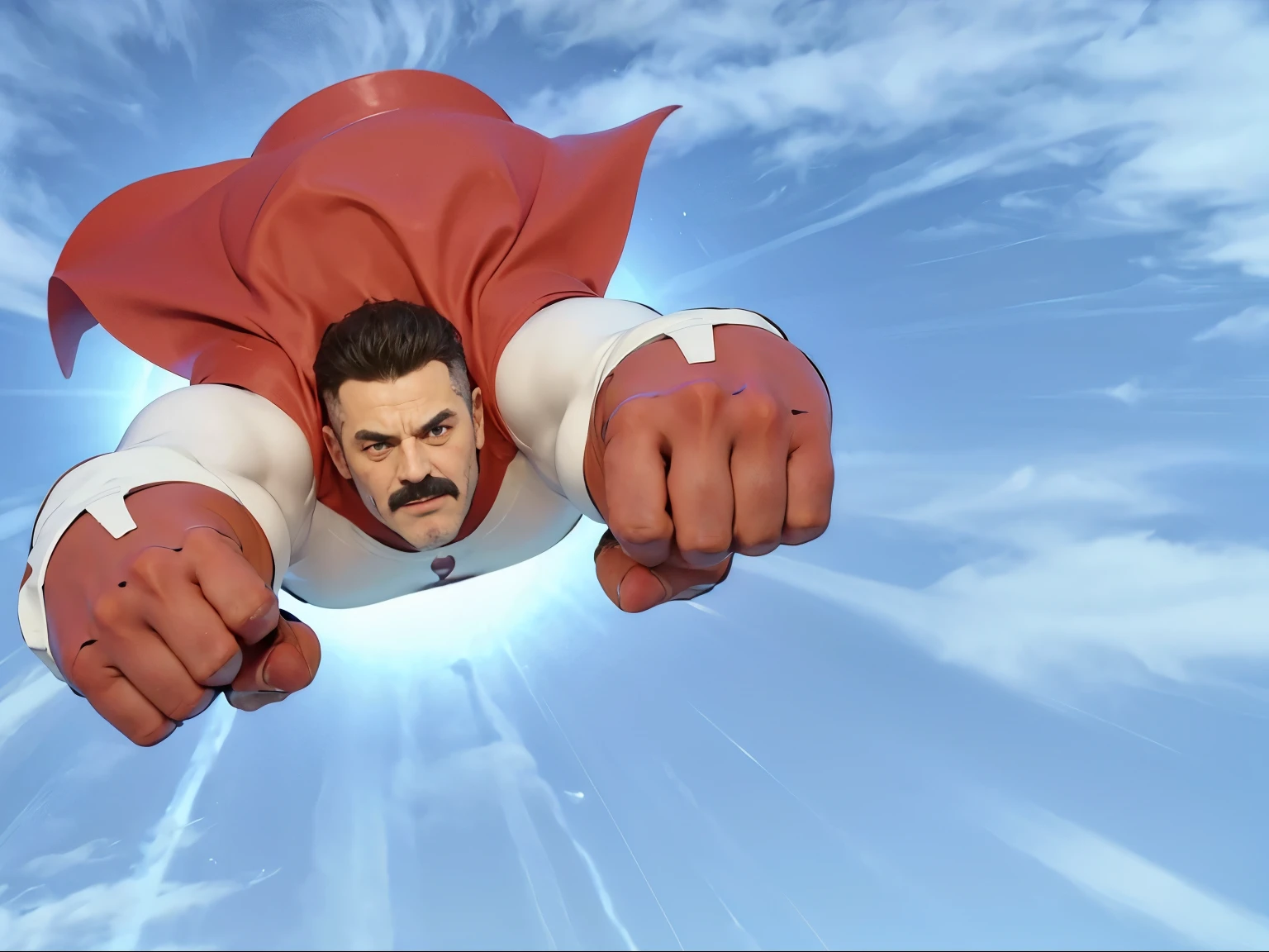 8k, melhor qualidade, imagem real, omni man from invincible, superhero, voando pela cidade, detalhes intrincados, ultra-detalhado, ultra high resolution, campo de profundidade,(photorealista,realista:1.2),obra de arte, foto de omniman, wearing a white and red mesh and hero, olhos azuis, Cabelo preto e grisalho nas laterais, bigode grosso, rosto musculoso e jovem, Sozinho, traje branco e vermelho, sol, blue sky best quality, realista, photorealista, (detalhes intrincados:1.2), (delicado detalhado), (cinematic light), linha clara, sharp focus, realista face, Rosto detalhado 8K papel de parede, ultra high resolution, (photorealista:1.4), olhando para o espectador