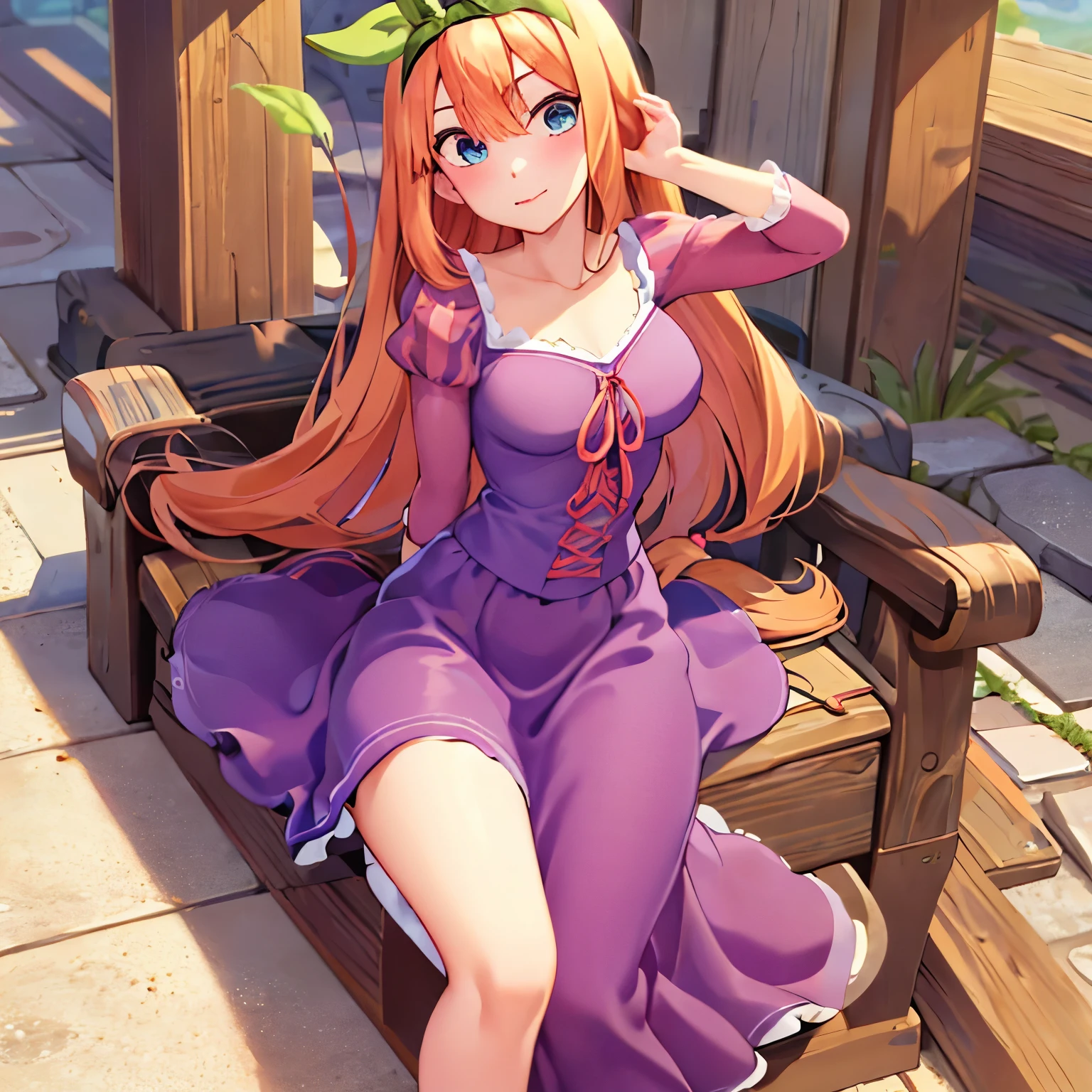 Fusion between Rapunzel from disney and Yotsuba Nakano, good fusion, excellent character design, masterpiece, 4k, perfect anatomy, perfect face, perfect eyes, 1girl, solo, full body, yotsuba nakano wearing rapunzel's dress, long long orange hair, red hair, pink hair, orange hair, extremely long hair, green ribbon on hair, hair ribbon, blue eyes, athletic, muscular, purple rapunzel dress