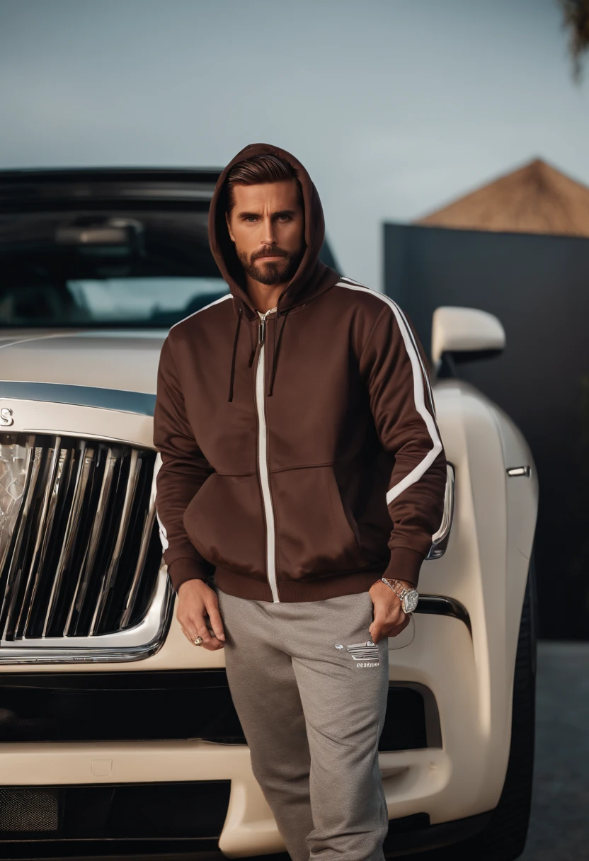 Masterpiece, best quality, (very detailed CG Unity 8k wallpaper) (best quality), (best illustration), best shadow, arafed man (Scott Disick) in a hoodie standing next to a rolls royce, wearing a hoodie and sweatpants, flaunting his wealth, wearing a tracksuit, liam, 8 0. lv, wearing a track suit, los angeles, wearing an oversized hoodie, raphael personnaz, lv, fear of god style, thumbnail, hype, man in adidas tracksuit, uses right hand to pull sweatpants down, flacid penis, dark brown pubes, 8.5 inch penis, detailed penis, the best penis, penis hangs low