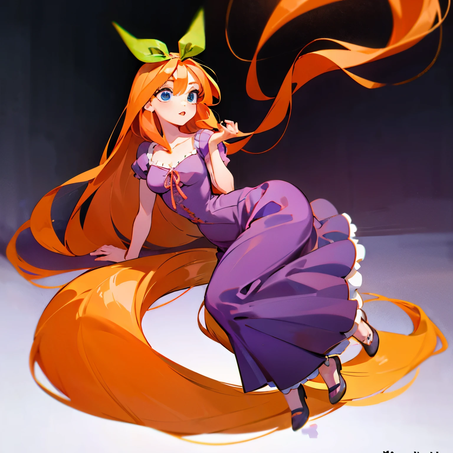 Fusion between Rapunzel from disney and Yotsuba Nakano, good fusion, excellent character design, masterpiece, 4k, perfect anatomy, perfect face, perfect eyes, 1girl, solo, full body, yotsuba nakano wearing rapunzel's dress, long long orange hair, red hair, pink hair, orange hair, extremely long hair, green ribbon on hair, hair ribbon, blue eyes, athletic, muscular, purple rapunzel dress
