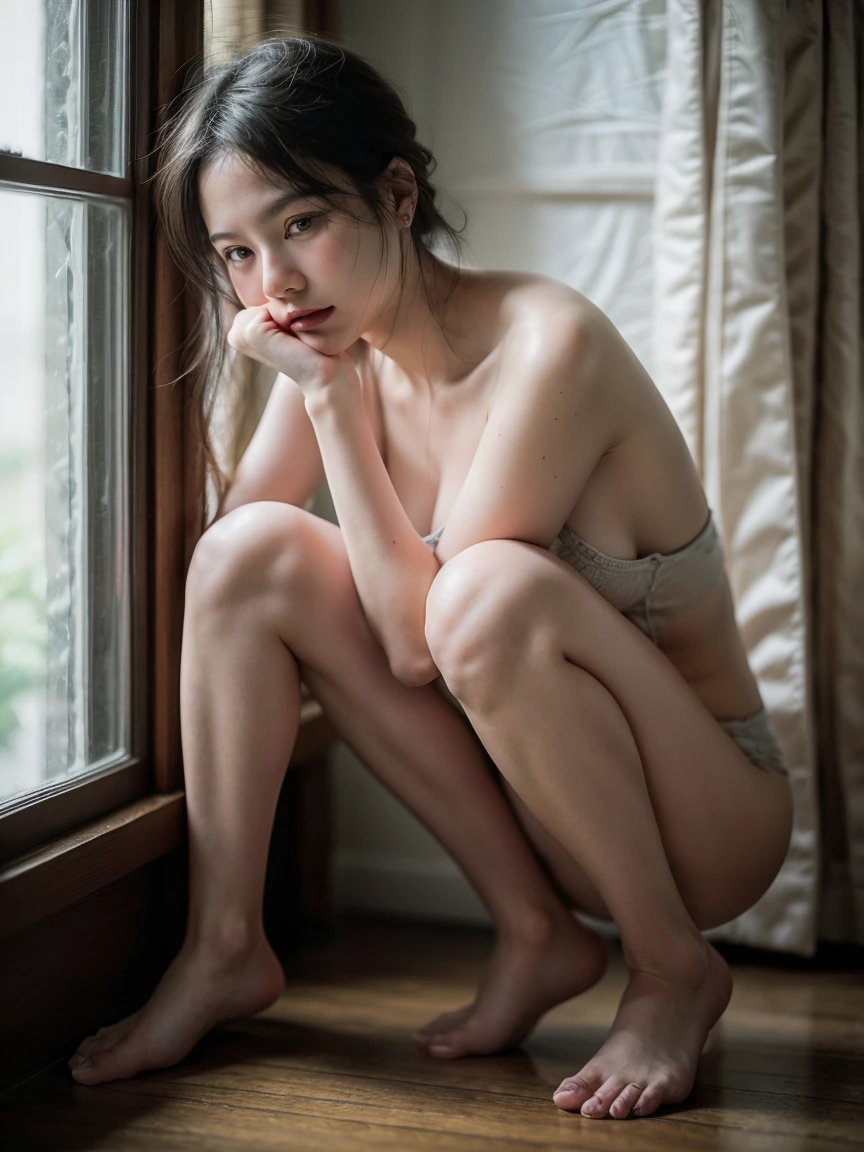 a nikon RAW closeup photo of a girl nude,(on bedroom),smooth thigh,wide angle,((detailed face)), (medium breasts), (full body:1.6), (looking at camera), pale skin, (detailed eyes), breasts out, 5 fingers, intricate detail, delicate pattern, charming, alluring, seductive, erotic, depth of field,Chiascuro soft Lighting, soft focus, cinematic portrait photography by Robert And Shana Parkeharrison, (visible pores:0.3) (high detailed skin:0.9), 8k high quality