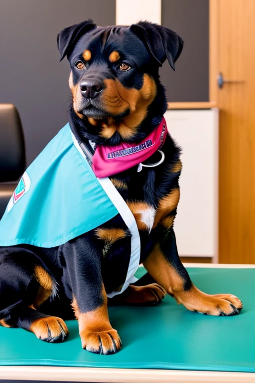 Rottweiler dog with a bandana around its neck is lying on a veterinary table Receiving a massage treatment from a female western nurse specializing in dog health setting canine veterinary clinic.