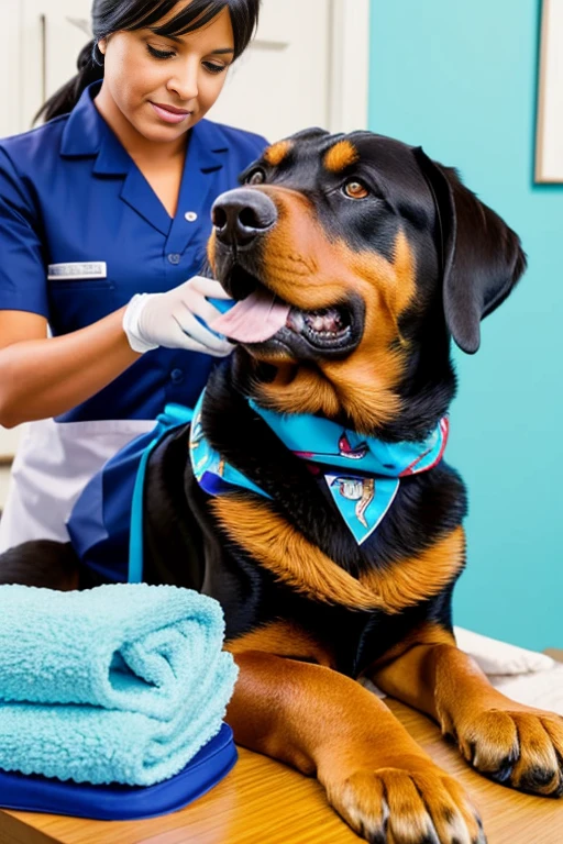  Rottweiler dog with a bandana around its neck is lying on a veterinary table Receiving a massage treatment from a female western nurse specializing in dog health setting canine veterinary clinic.

