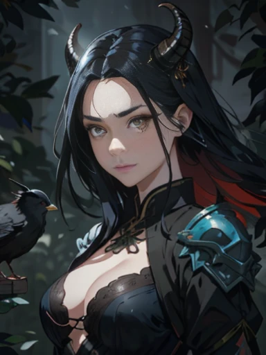 a woman with horns and a bird on her shoulder, por Yang J, arte de estilo fantasia sombria, Modelo IG | artegerm, artegerm and ruan jia, extremely detailed artegerm, ruan jia and artegerm, artegerm and rossdraws, artegerm. anime illustration, por Fan Qi, artegerm. alto detalhe