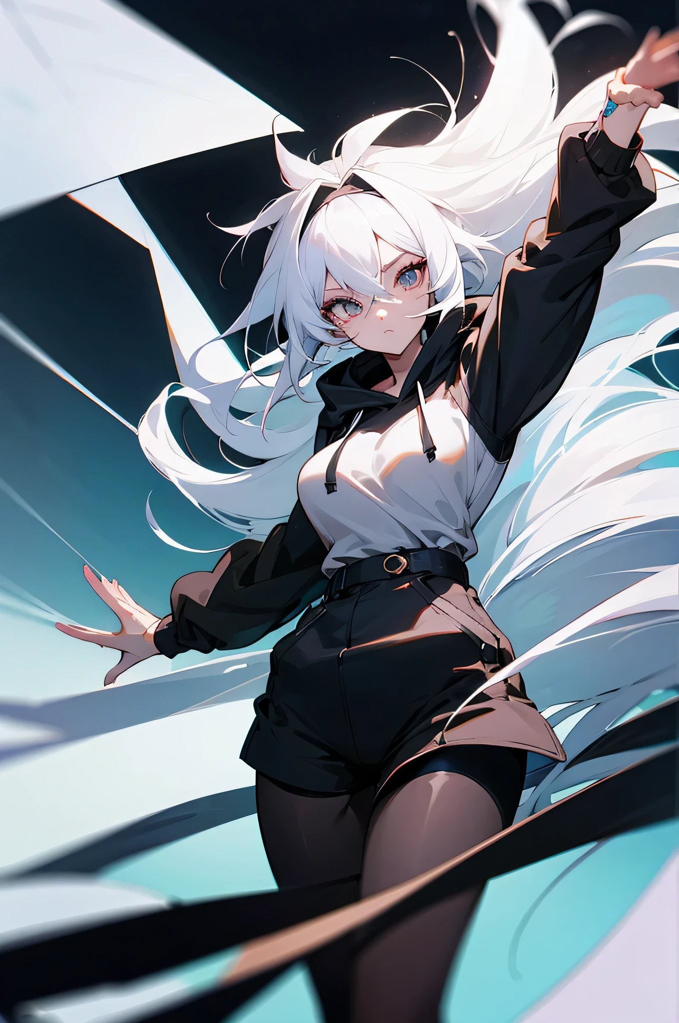 anime style woman with big white hair wearing black cloth eye bands with beautiful body wearing pantyhose shorts and a hoodie