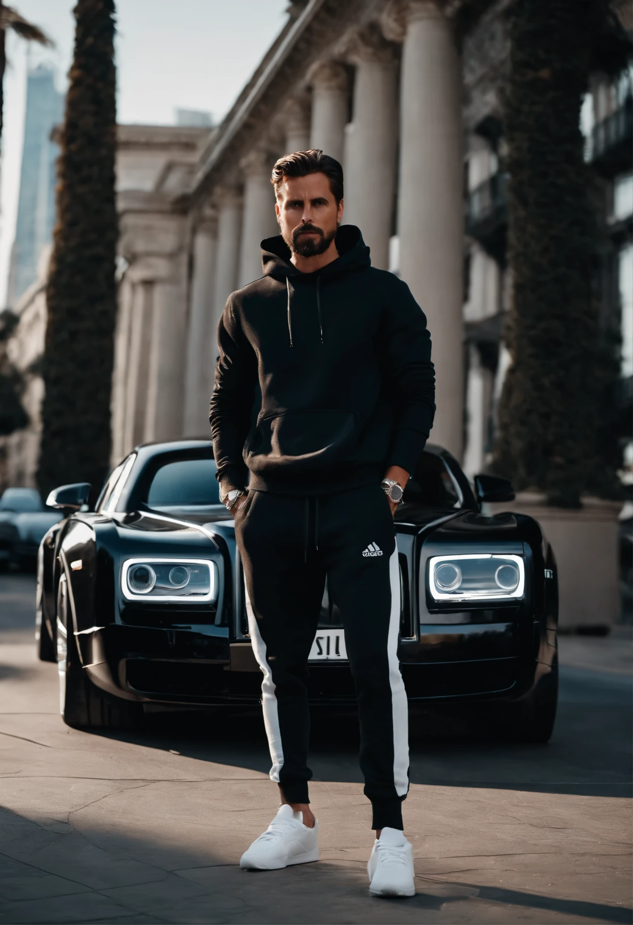 Masterpiece, best quality, (very detailed CG Unity 8k wallpaper) (best quality), (best illustration), best shadow, arafed man (Scott Disick) in a hoodie standing next to a rolls royce, wearing a hoodie and sweatpants, flaunting his wealth, wearing a tracksuit, liam, 8 0. lv, wearing a track suit, los angeles, wearing an oversized hoodie, raphael personnaz, lv, fear of god style, thumbnail, hype, man in adidas tracksuit, uses right hand to pull sweatpants down, flacid penis, dark brown pubes, 8.5 inch penis, detailed penis, the best penis, penis hangs low