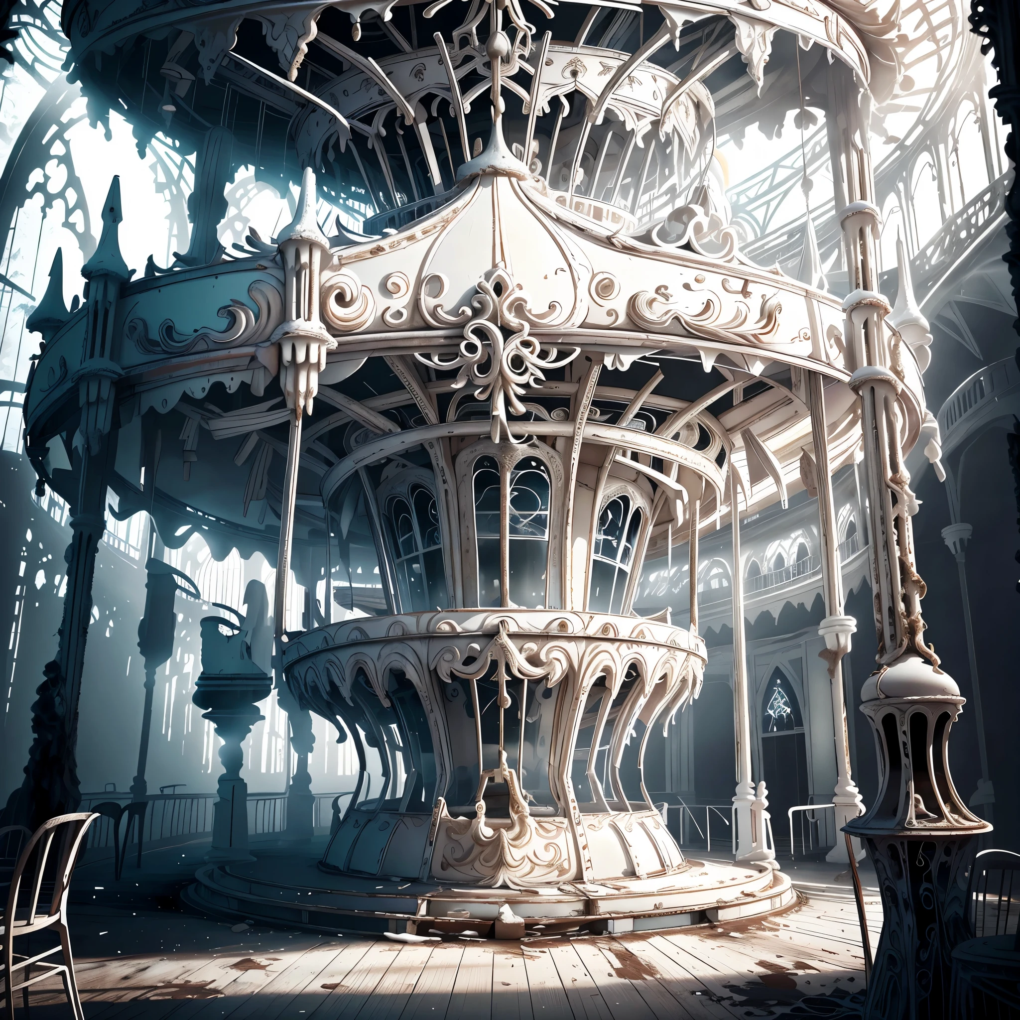 Close-up of a white abandoned carousel, fantastic atmosphere and drama, eerie aesthetics, detailed white interior, atmospheric, white light, 8k, gothichorrorai

