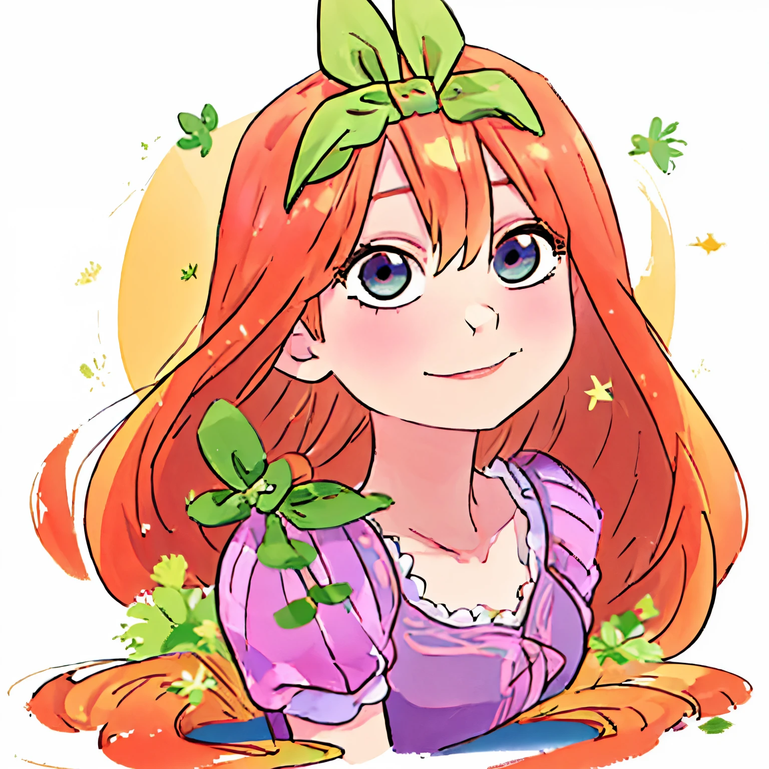 Fusion between Rapunzel from disney and Yotsuba Nakano, good fusion, excellent character design, masterpiece, 4k, perfect anatomy, perfect face, perfect eyes, 1girl, solo, full body, yotsuba nakano wearing rapunzel's dress, long long orange hair, red hair, pink hair, orange hair, extremely long hair, green ribbon on hair, hair ribbon, blue eyes, athletic, muscular, purple rapunzel dress