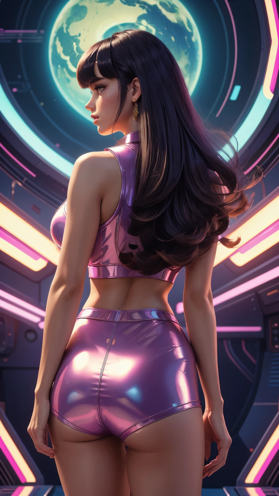 Masterpiece, Top Quality, Super Detail, 8K, 1girl, blunt bangs, long hair, vaportrap, retro-futurism background, 80's look, back view, look over her shoulder