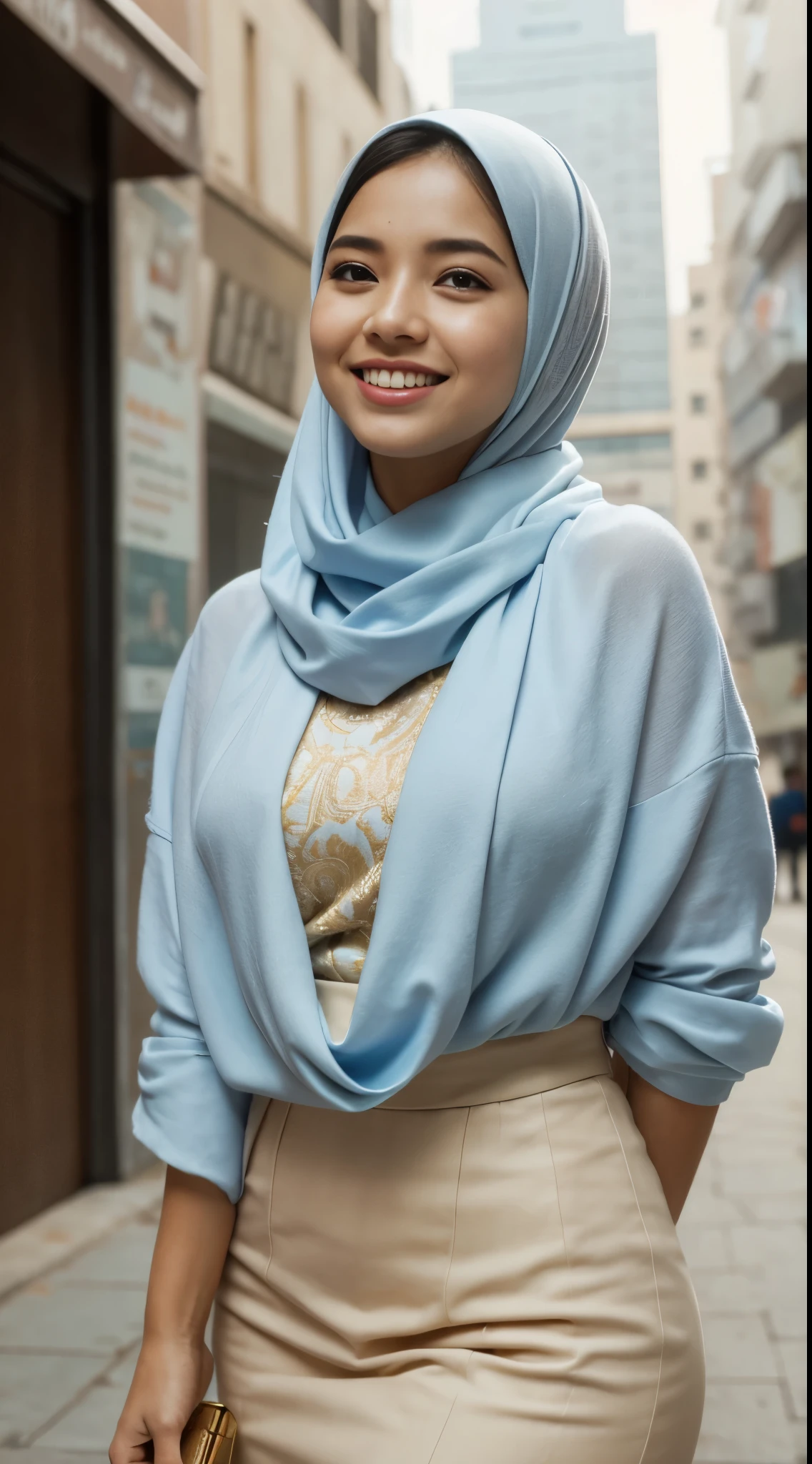 Malay girl wear white hijab, wear pastel big modest white floral oversized Turtle Neck Tee & short Flare Skirt with leggings, she with two friends in bustop, smiling, wear gold necklace, front view, hijab blown, windy, detail skin, age spot, detail skin texture, mole below eyes, small breast, flat chest, wide hips, small waists, thick thighs, slim abs, beautiful body, morning, laughing, happy, bright lighting, people in background, city background, blur background, bokeh, location: busstop