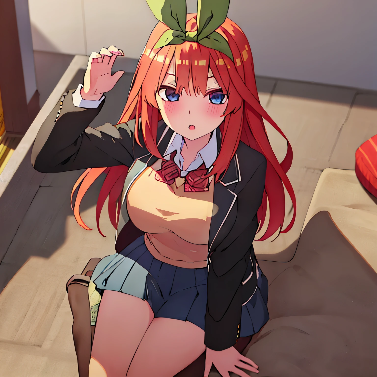 Yotsuba Nakano, excellent character design, masterpiece, 4k, perfect anatomy, perfect face, perfect eyes, 1girl, solo, full body, yotsuba nakano wearing a monochrome school uniform, pure colors, pastel school uniform, simple uniform, long long orange hair, red hair, pink hair, orange hair, extremely long hair, green ribbon on hair, hair ribbon, blue eyes, athletic, long hair, hair touching ground, fusion with miku nakano