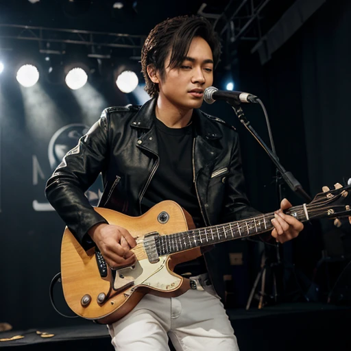 The image shows a young burmese man,24years,playing a guitar on a stage,wears black leather jacket and white jeans.the is so pretty.They are surrounded by illuminated musical notes, creating an enchanting atmosphere.A vintage microphone stands in front of the person,suggesting they are performing live.The stage is circular and illuminated with lights from below.In the background,there’s a dark curtain enhancing the focus on the performer.he has fair hair.realistic photo,4k,high quality
