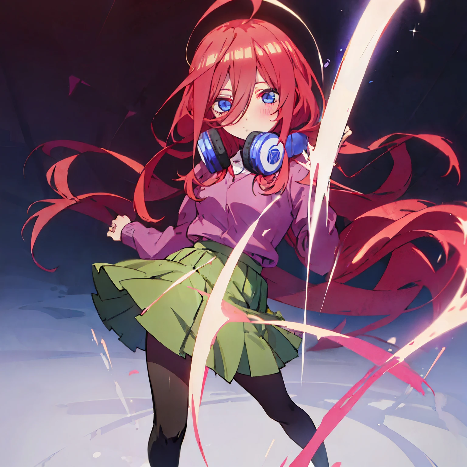 Miku Nakano, excellent character design, masterpiece, 4k, perfect anatomy, perfect face, perfect eyes, 1girl, solo, full body, miku nakano wearing a monochrome school uniform, pure colors, pastel school uniform, simple uniform, long long pink brown hair, red hair, pink hair, blue headphones,, blue eyes, athletic, long hair, hair touching ground, fusion with itsuki nakano