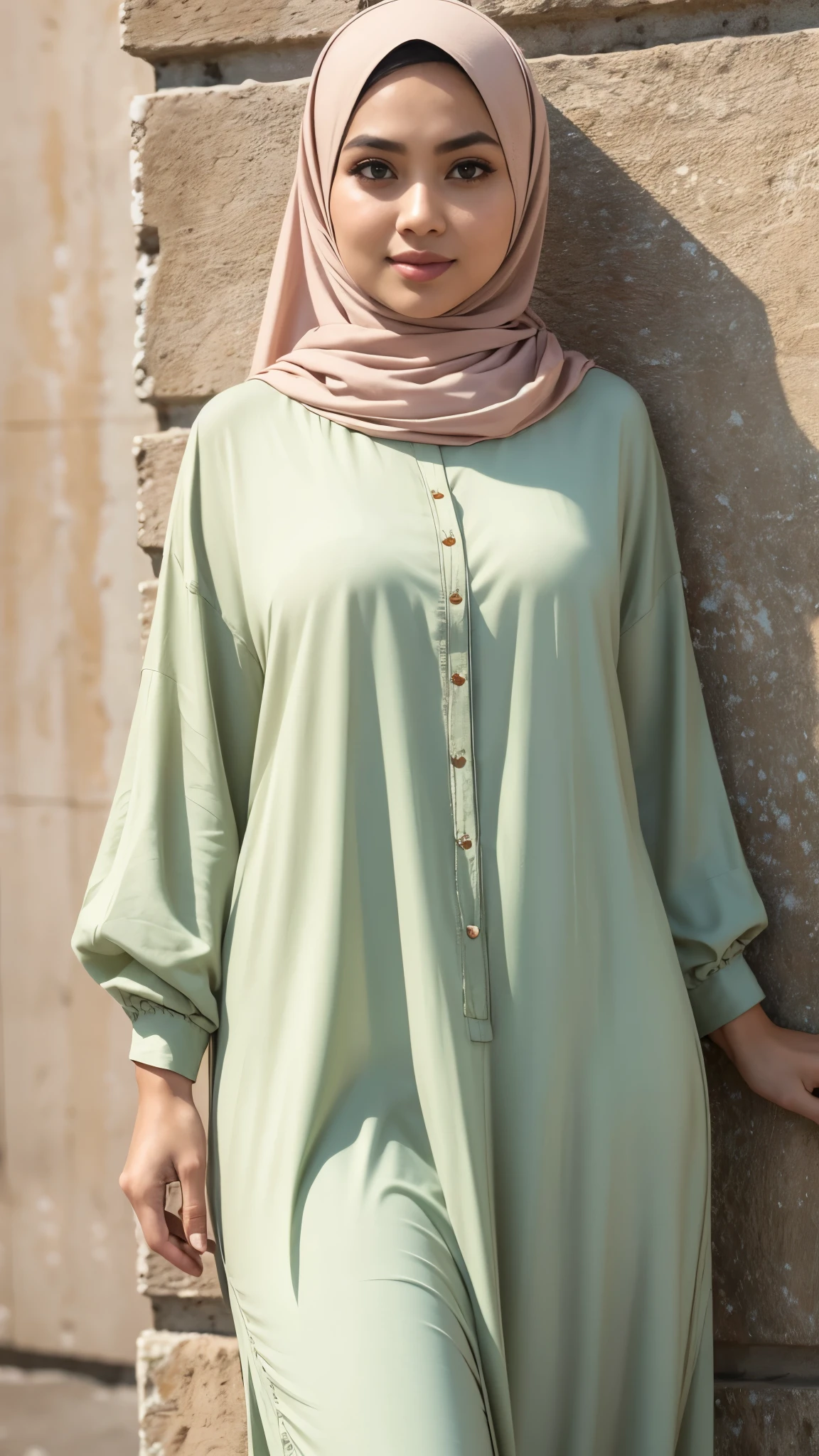 RAW, Best quality, high resolution, masterpiece: 1.3), Beautiful Malay woman in hijab, Masterpiece, perfect fit body, Big breasts, beautiful big eyes, Soft smile, facial details, beautiful face, thick thighs, close up, woman standing in front of a wall, wearing a long flowy fabric, feminine in cute pastel shades, casual clothing style, cream colored blouse, long tunic, green tunic, feminine in pastel shades, wearing elegant casual clothes, dressed with long fluent clothes, casual modern clothing, wearing a fisher 🧥, modern fashion outfit,