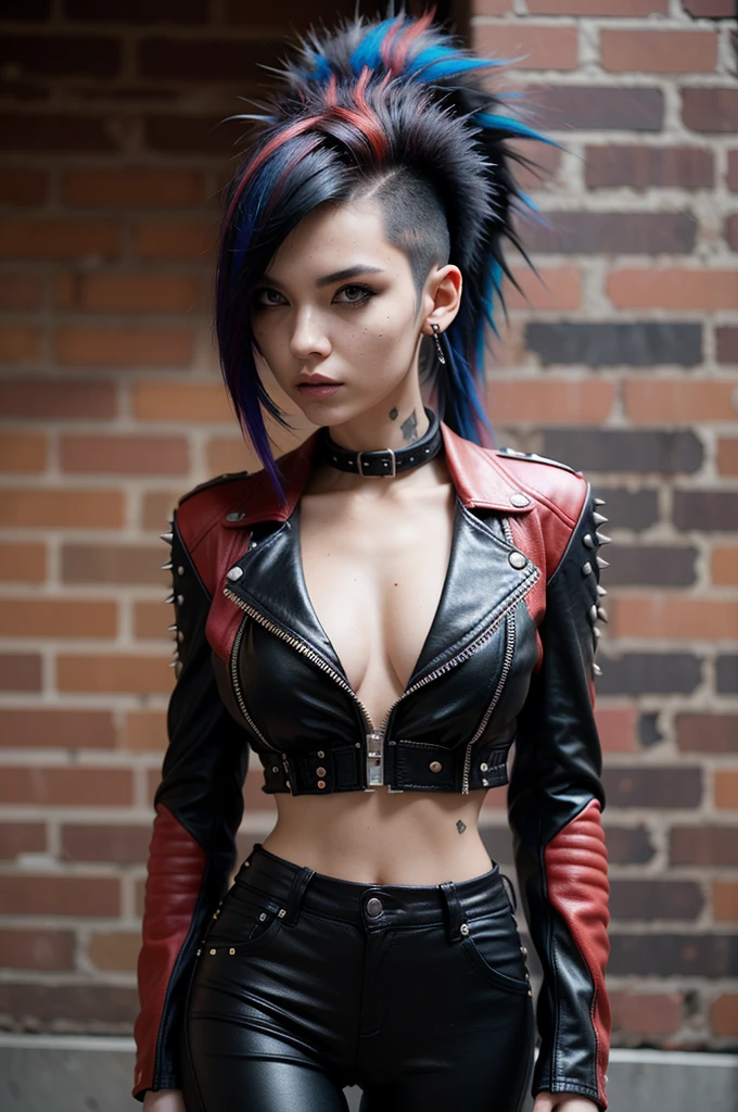 Young punk girl, 25 years old, multi-colored hair, ((red-black hair)), ((mohawk)) slender figure, black biker jacket, cleavage, black leather bra with spikes, black leather pants, posing against a red brick wall, visual  contact, looks at viewer, masterpiece, best quality, perfect detail, perfect face detail, perfect eye detail, perfect skin detail, depth of field, perfect lighting