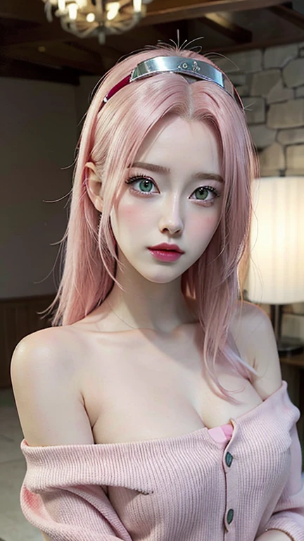 young woman, porcelain skin, bubblegum pink hair, wide forehead, pink eyebrows, big emerald green eyes, buttoned nose, thick lips, heart-shaped face, medieval clothing, Sakura Haruno, realism, realistic, 3d, town