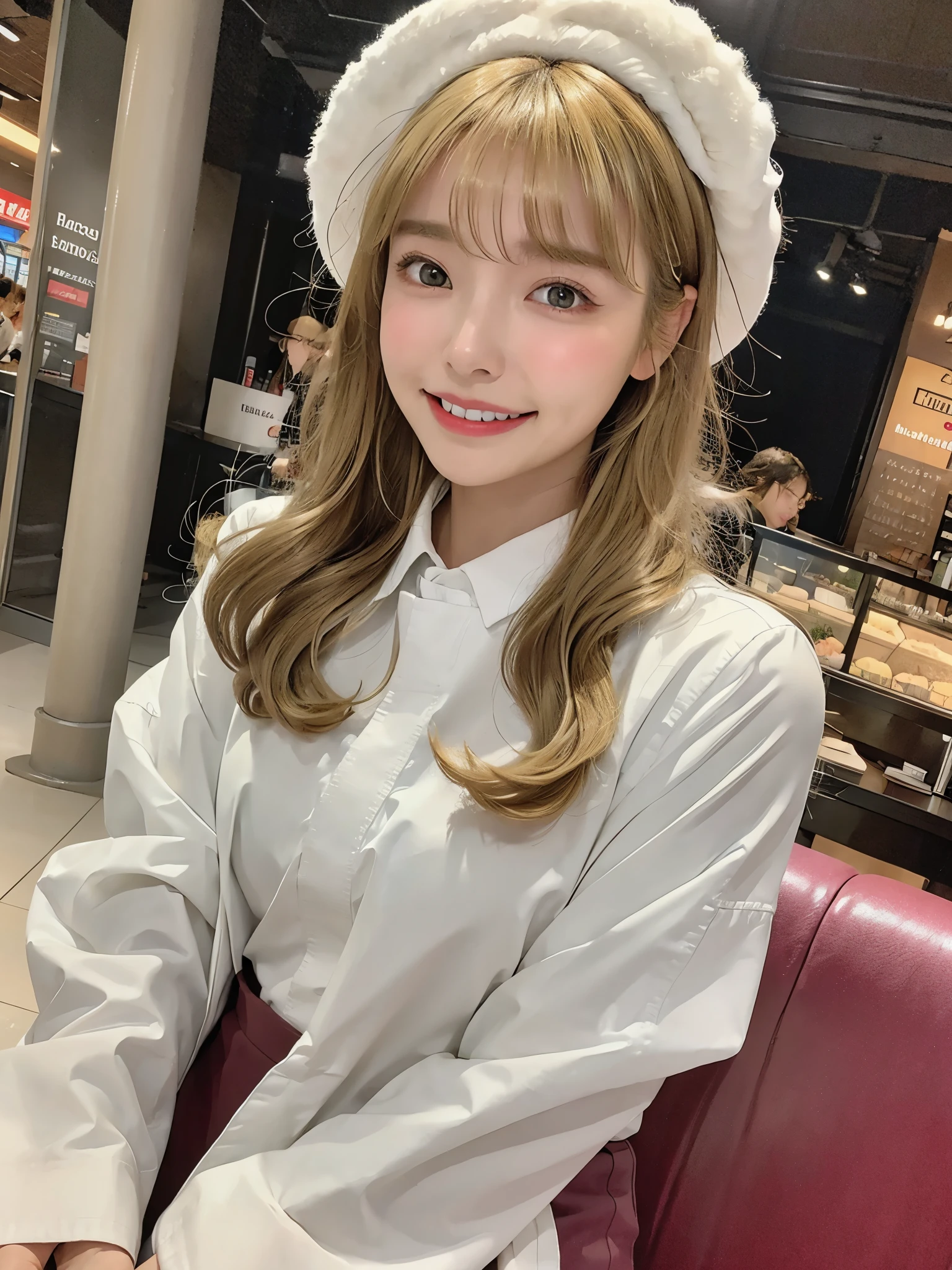 highest quality、masterpiece、ultra high resolution、(photorealistic:1.4)、glowing skin、shiny skin、raw photos、1 girl、1people、solo、18-year-old、((blonde、golden hair))、Full body Esbian、double eyelid、Loose and fluffy perm、medium long hair、A sloppy smile、An embarrassed face、soft chest、Glamour、sexy pose、big soft butt、skirt、long sleeve、Winter clothes、hat