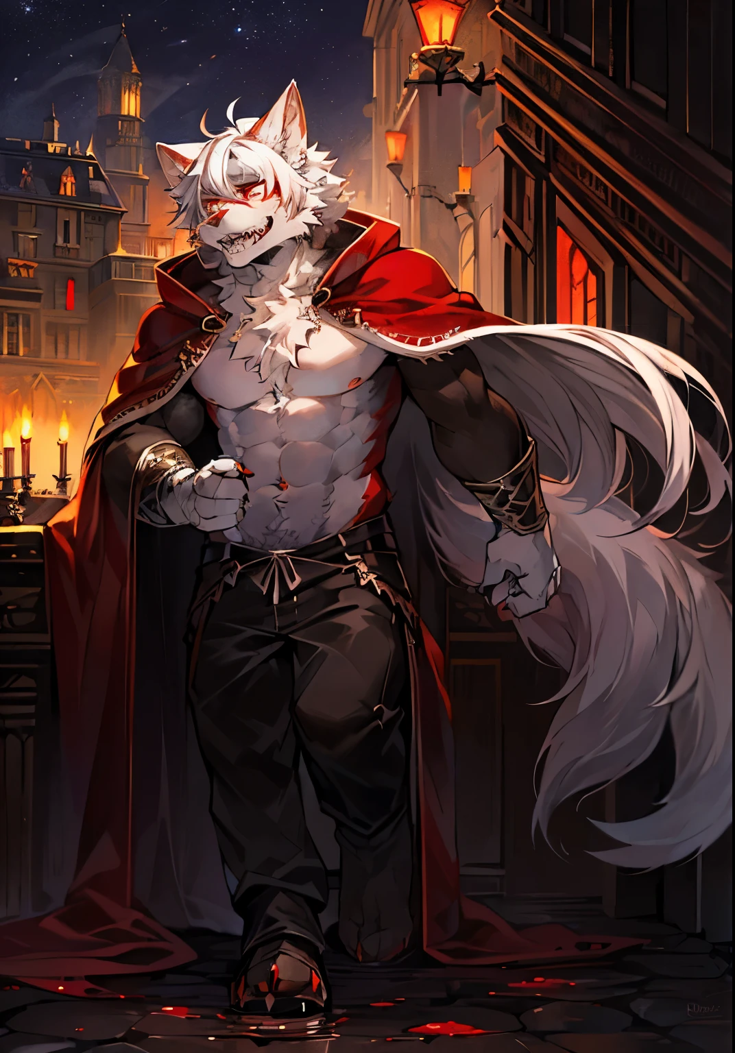 male, furry, fox anthro, solo, white fur, red eyes, (Realistic eye details 1.2), mafiawear, V0id3nergy, abs, Masterpiece, dramatic lighting, soft lighting, day, highly detail, Hair coiled