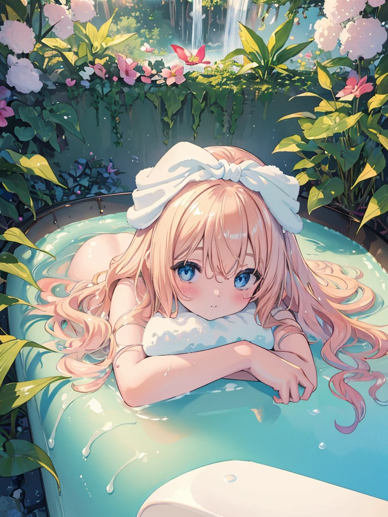 (relax, elaborate Bathtub covered with Fluffy foam, from right above, high resolution, masterpiece, 8k, ultra-detailed:1.4), 1girl, idol, 14 years old, kawaii, peerless cute girl, take a bath, completely nude, photo realistic, photo realistic, photo realistic, (masterpiece,best quality:1.4),(8k,raw photo,photo realistic:1.2),Not Safe for Work, detailed skin, detailed face, cute face, (raw photo, photo realistic: 1.2), masterpiece, top-quality, (Face out of the bathtub:1.2),Face view,
(((all fours))), blue eyes, happy, red blush, medium bob, blonde hair, towel bandana, ((shiny wavy hair)), ((head rest)), Face focus,
yumekawa,yumekawaii,pastel color,(wonderland garden:1.3),rainbow waterfall,dripping ink,imagination,