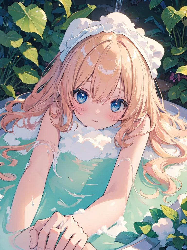 (relax, elaborate Bathtub covered with Fluffy foam, from right above, high resolution, masterpiece, 8k, ultra-detailed:1.4), 1girl, idol, 14 years old, kawaii, peerless cute girl, take a bath, completely nude, photo realistic, photo realistic, photo realistic, (masterpiece,best quality:1.4),(8k,raw photo,photo realistic:1.2),Not Safe for Work, detailed skin, detailed face, cute face, (raw photo, photo realistic: 1.2), masterpiece, top-quality, (Face out of the bathtub:1.2),Face view, 
(((all fours))), blue eyes, happy, red blush, medium bob, blonde hair, towel bandana, ((shiny wavy hair)), ((head rest)), Face focus,
yumekawa,yumekawaii,pastel color,(wonderland garden:1.3),rainbow waterfall,dripping ink,imagination,