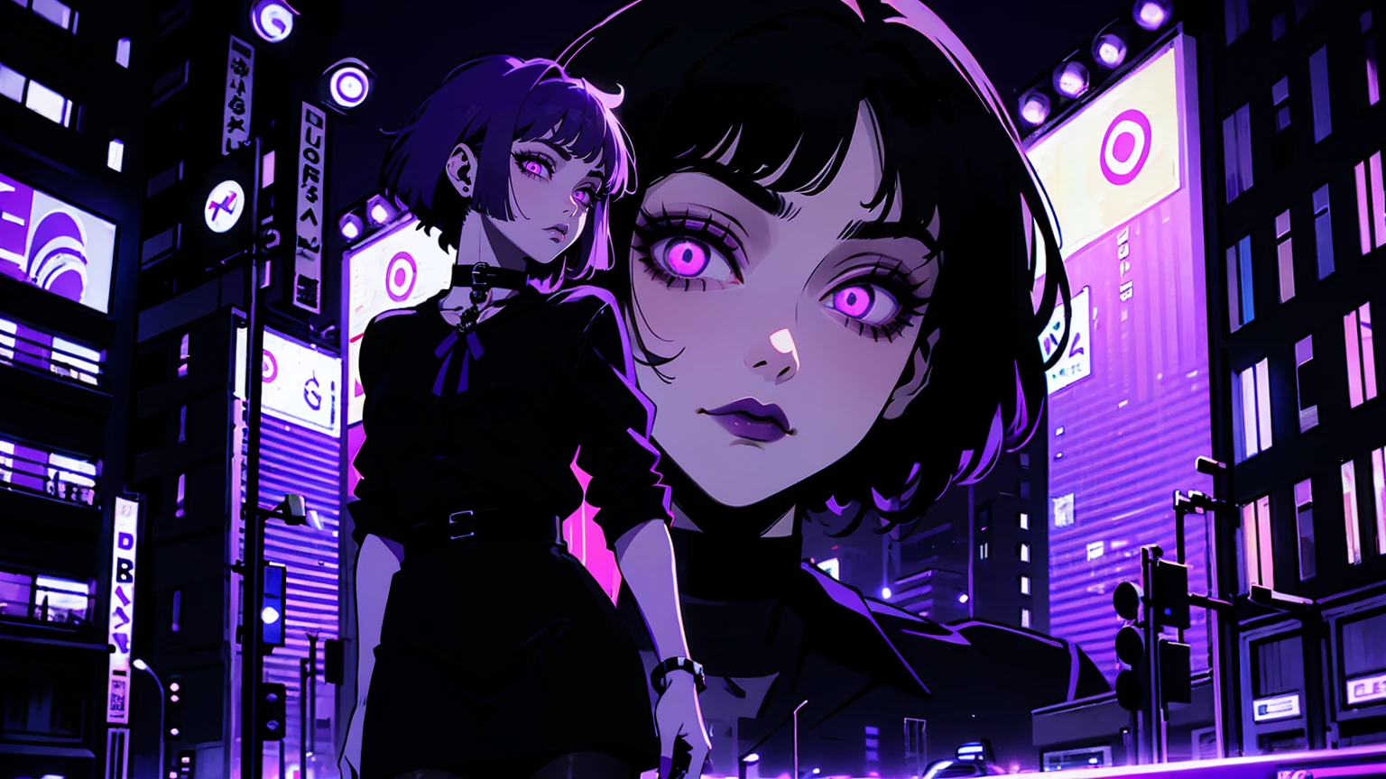 neon palette, 1girl, (masterpiece), short black hair, side swept bangs, dark purple eyes, oversized black shirt, black skirt, black pantyhose, black choker on neck. (purple gradient night time city background:1.5)