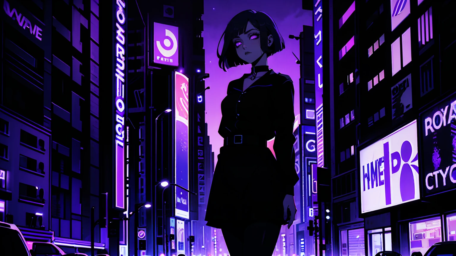 neon palette, 1girl, (masterpiece), short black hair, side swept bangs, dark purple eyes, oversized black shirt, black skirt, black pantyhose, black choker on neck. (purple gradient night time city background:1.5)