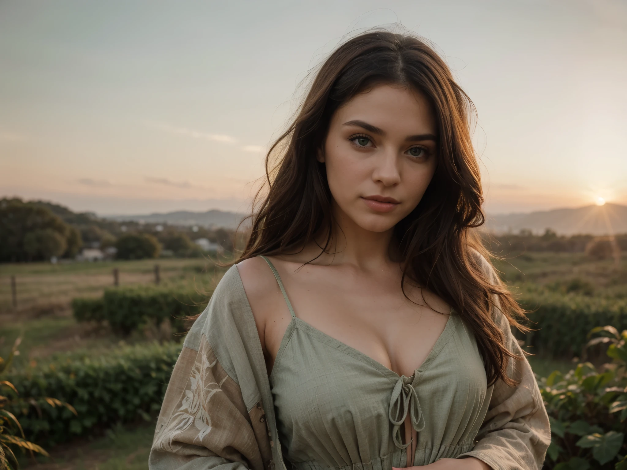 portrait of a pretty brunette woman, earthy makeup, flowing maxi dress with colorful patterns and fringe, a sunset or nature scene, green and gold color scheme