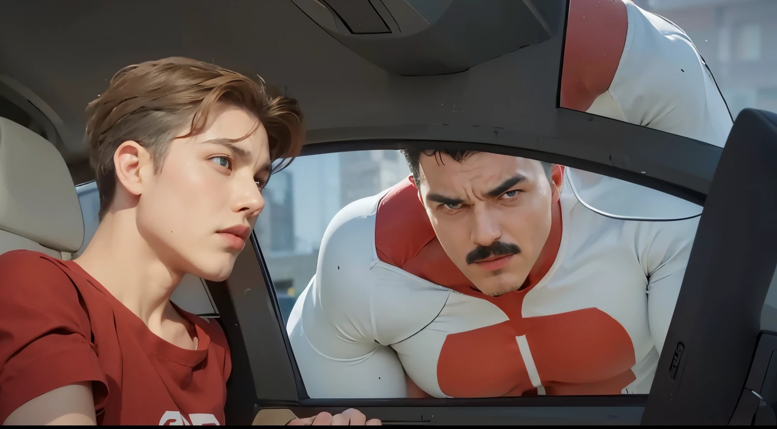 8k, melhor qualidade, imagem real, omni man from invincible, superhero, confrontando um jovem em seu carro, detalhes intrincados, ultra-detalhado, ultra high resolution, campo de profundidade,(photorealista,realista:1.2),obra de arte, foto de omniman, wearing a white and red mesh and hero, olhos azuis, Cabelo preto e grisalho nas laterais, bigode grosso, rosto musculoso e jovem, Sozinho, traje branco e vermelho, sol, blue sky best quality, realista, photorealista, (detalhes intrincados:1.2), (delicado detalhado), (cinematic light), linha clara, sharp focus, realista face, Rosto detalhado 8K papel de parede, ultra high resolution, (photorealista:1.4), olhando para o espectador