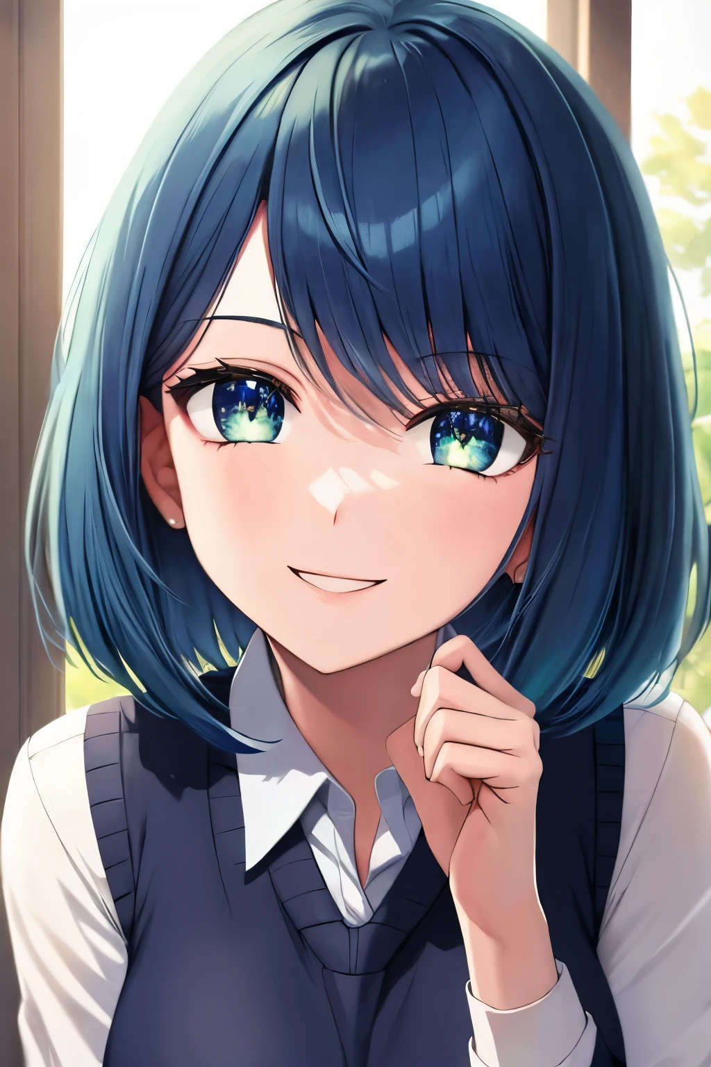 (masterpiece, best quality: 1.2), close-up shot,anime girl with blue hair and vest and tie, green dark eye, sunlight coming in through the window, perfect face, shiny bob haircut, short dark blue hair, smiling, beautiful and symmetrical face, graceful dark blue dress, very detailed, best quality, expressive eyes, perfect face, very high quality, very detailed