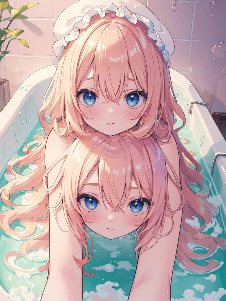 (relax, elaborate Bathtub covered with Fluffy foam, from right above, high resolution, masterpiece, 8k, ultra-detailed:1.4), 1girl, idol, 14 years old, kawaii, peerless cute girl, take a bath, completely nude, photo realistic, photo realistic, photo realistic, (masterpiece,best quality:1.4),(8k,raw photo,photo realistic:1.2),Not Safe for Work, detailed skin, detailed face, cute face, (raw photo, photo realistic: 1.2), masterpiece, top-quality, (Face out of the bathtub:1.2),Face view,
(((all fours))), blue eyes, happy, red blush, medium bob, blonde hair, towel bandana, ((shiny wavy hair)), ((head rest)), Face focus,
yumekawa,yumekawaii,pastel color,(wonderland bathroom:1.3),rainbow waterfall,dripping ink,imagination,