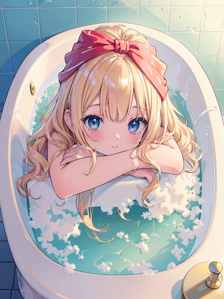 (relax, elaborate Bathtub covered with Fluffy foam, from right above, high resolution, masterpiece, 8k, ultra-detailed:1.4), 1girl, idol, 14 years old, kawaii, peerless cute girl, take a bath, completely nude, photo realistic, photo realistic, photo realistic, (masterpiece,best quality:1.4),(8k,raw photo,photo realistic:1.2),Not Safe for Work, detailed skin, detailed face, cute face, (raw photo, photo realistic: 1.2), masterpiece, top-quality, (Face out of the bathtub:1.2),Face view, 
(((all fours))), blue eyes, happy, red blush, medium bob, blonde hair, towel bandana, ((shiny wavy hair)), ((head rest)), Face focus,
yumekawa,yumekawaii,pastel color,(wonderland bathroom:1.3),rainbow waterfall,dripping ink,imagination,
