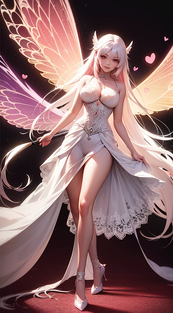 (masterpiece), (realistic), (highest quality), (super detailed),  wonderful, ((Love Fairy, red eyes, Lace Wings, Intricate fairytale costumes , Shoes with hearts, very long white hair with pink strands,, colorful hair, Dreamy smile)))), cinematic light, Unusual angles and poses,)),