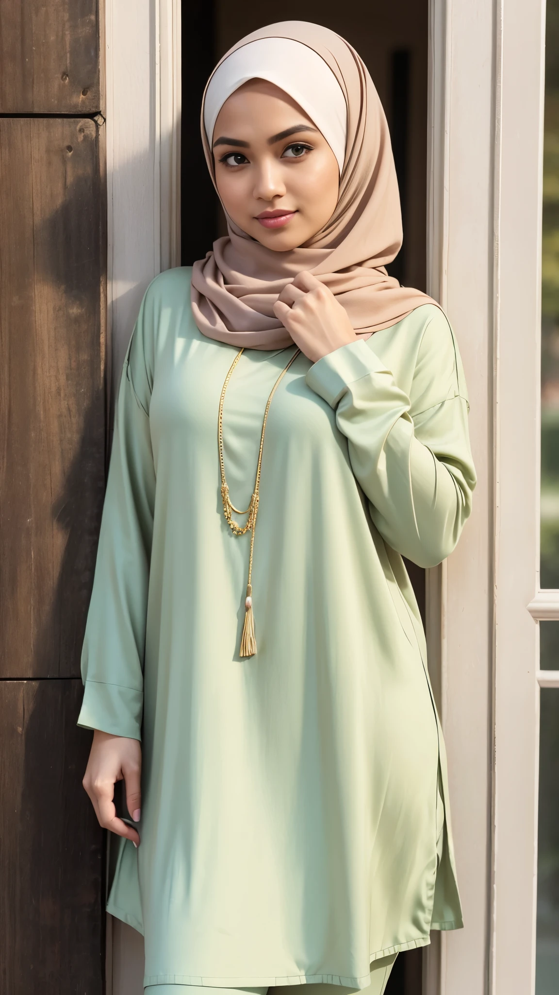RAW, Best quality, high resolution, masterpiece: 1.3), Beautiful Malay woman in hijab, Masterpiece, perfect fit body, Big breasts, beautiful big eyes, Soft smile, facial details, beautiful face, thick thighs, close up, woman standing in front of a wall, wearing a long flowy fabric, feminine in cute pastel shades, casual clothing style, cream colored blouse, long tunic, green tunic, feminine in pastel shades, wearing elegant casual clothes, dressed with long fluent clothes, casual modern clothing, wearing a fisher 🧥, modern fashion outfit,
