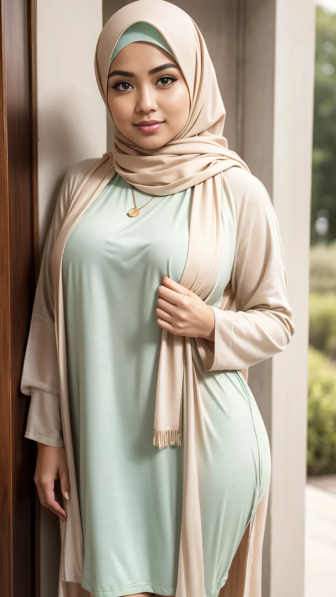 RAW, Best quality, high resolution, masterpiece: 1.3), Beautiful Malay woman in hijab, Masterpiece, perfect fit body, Big breasts, beautiful big eyes, Soft smile, facial details, beautiful face, thick thighs, close up, woman standing in front of a wall, wearing a long flowy fabric, feminine in cute pastel shades, casual clothing style, cream colored blouse, long tunic, green tunic, feminine in pastel shades, wearing elegant casual clothes, dressed with long fluent clothes, casual modern clothing, wearing a fisher 🧥, modern fashion outfit,