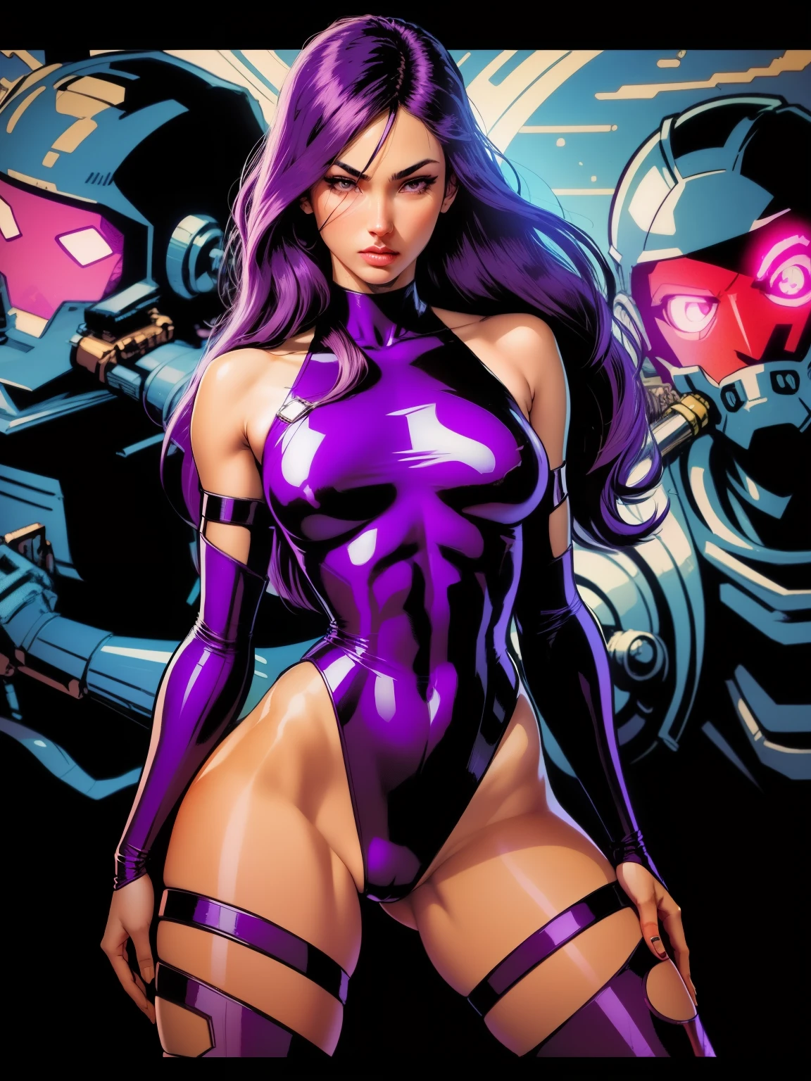 (((comic style, cartoon art))), cinematic. 01, Alone, alone, 18 yeras old, A comic style image of X-Men member Psylocke posing for photo, Sesual Pose. She wears her traditional attire, (((right hand with megenta and violet power))), Perfect body, (((hot slim, sexy, sensual body, Camel toes ))), (((Camel toes))). detailed, detailed face, Intricate, bright. (((Cinematic war battlefield in the background))), depth of field background. cinematic lighthing.