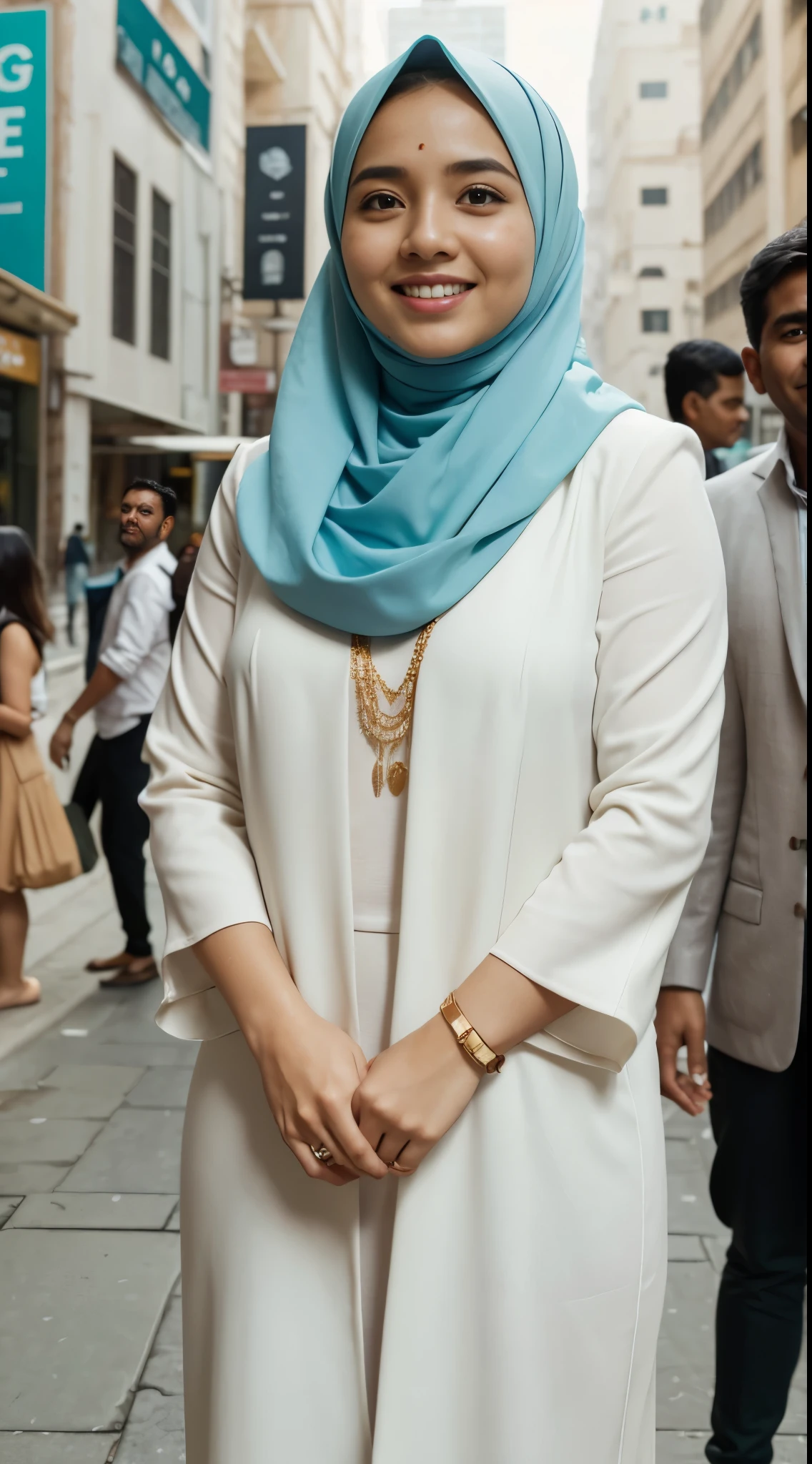 Malay girl long white hijab , wear sexy pastel blue office outfit, suits, smiling, wear gold necklace, front view, windy, detail skin, age spot, detail skin texture, mole below eyes, wide hips, thick thighs, beautiful body, morning, laughing, happy, bright lighting, people in background, city background, blur background, bokeh, location: india city street