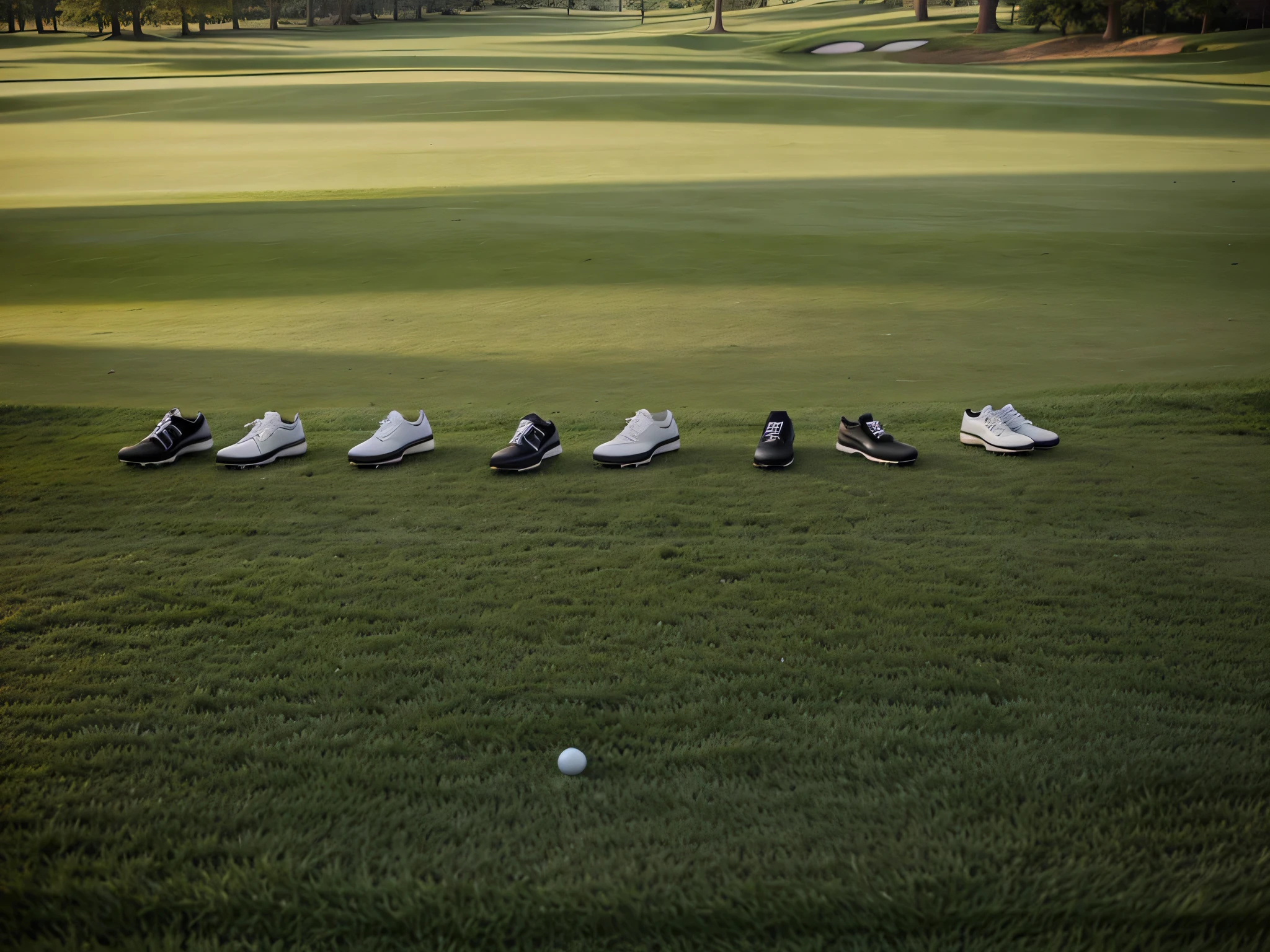 5 pair of golf shoes beautifully arranged on the fresh golf ground on green greenary