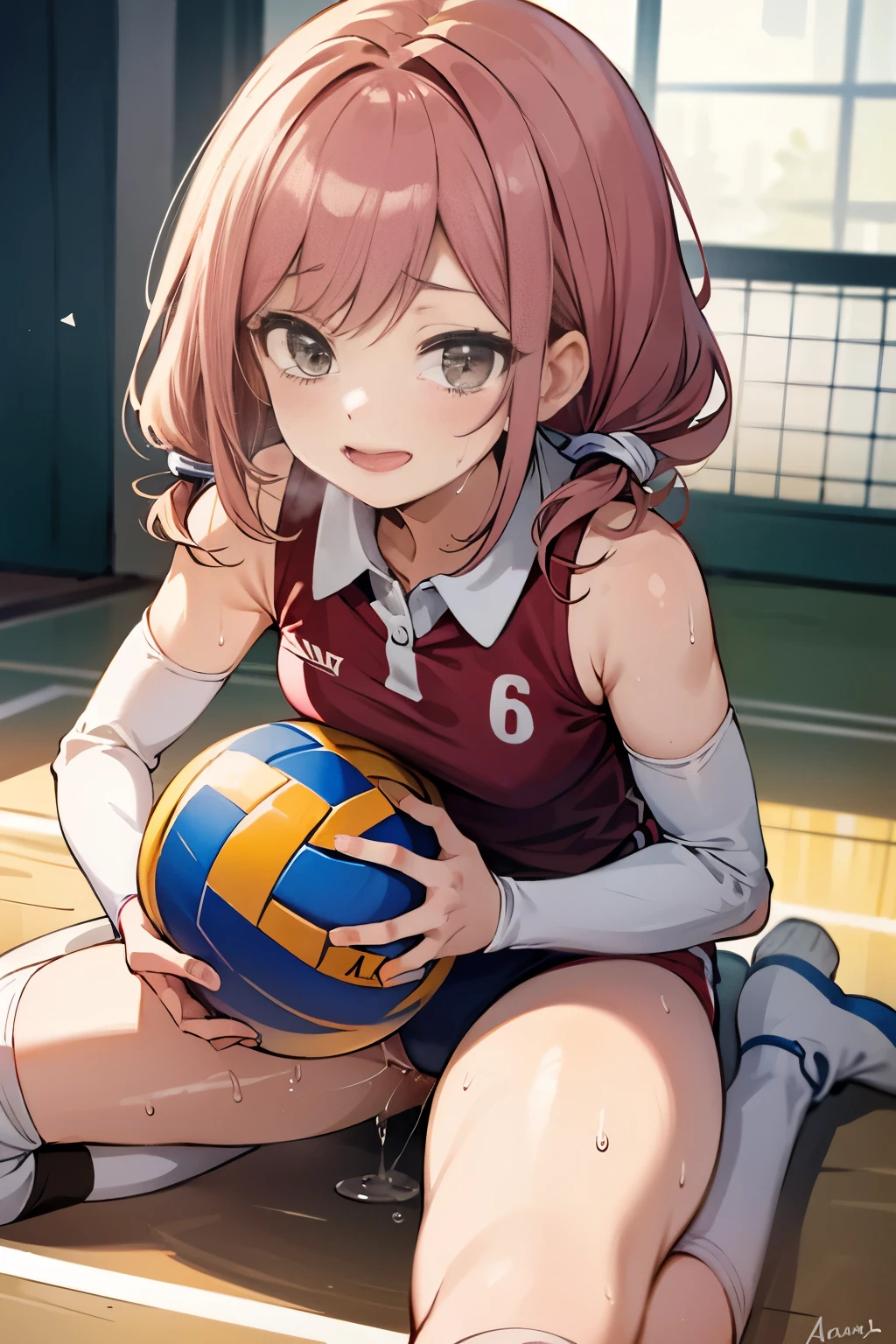 unity 8k wallpaper, anatomically correct, (((masterpiece))), (((best quality))), (((ultra detailed))), (((high-resolution))), ((Ultimate cutie)), perfect hands, perfect finger, (((good anatomy))), detailed beautiful face, shiny hair, (((gyaru))), (potbelly), (curvy), medium breasts, ((Thick thighs)), (((solo))), ((seductive smile)), (((blush))), (half open mouth),
BREAK, (((sit astride the perfectly spherical shape 6-inch volleyball))), (((Straddling a perfectly spherical 6" volleyball))), (((Perfectly spherical 6" volleyball fits perfectly crotch))), BREAK, (((Rub the Perfectly spherical 6" volleyball against crotch))),
BREAK, (Collared volleyball uniforms), sleeveless, ((buruma)), ((kneepad)), (pussy juice stained), (elbow pad), (((sweat))), (((covered in sweat))), ((deep breathing)), in Volleyball Court, indoor, lighting, looking at viewer, full body, (spoken heart)
