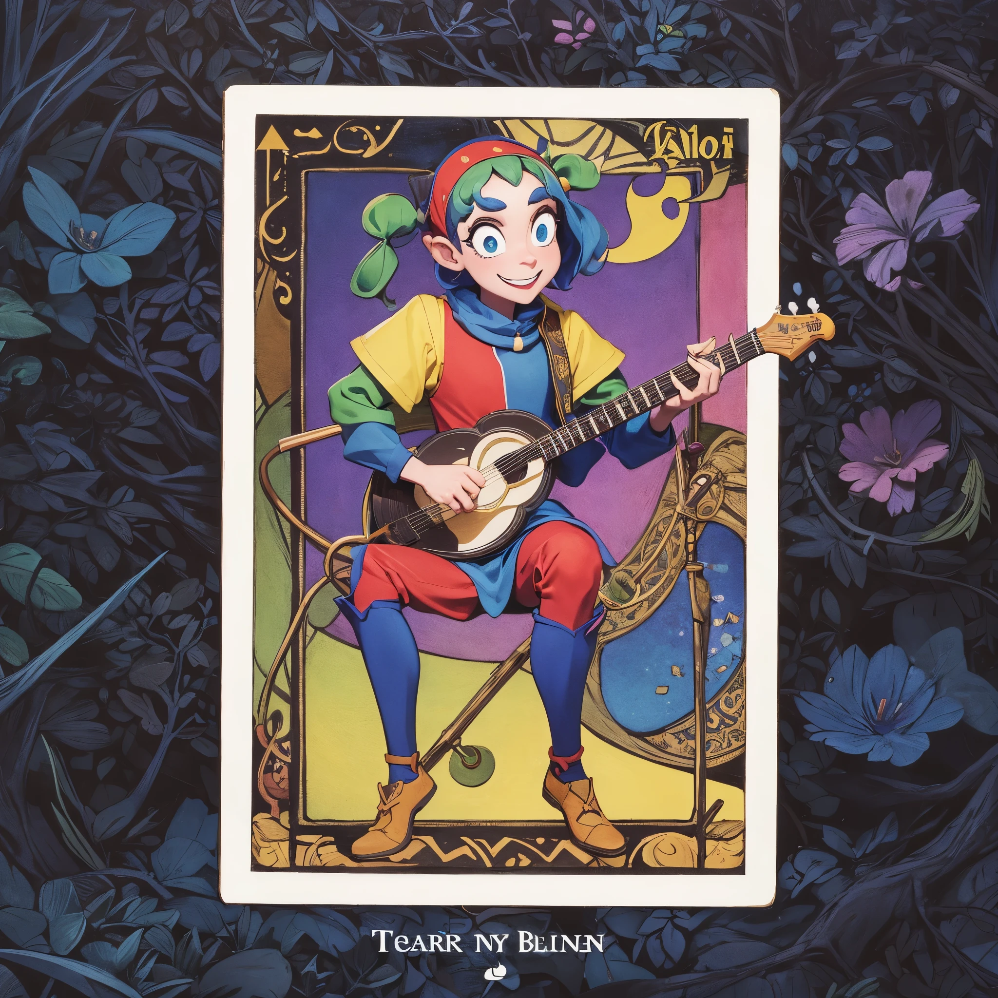 relatable cartoon jester playing banjo ,full-shot . tarot style. dark colurs , blue mostly, some yellow green red.