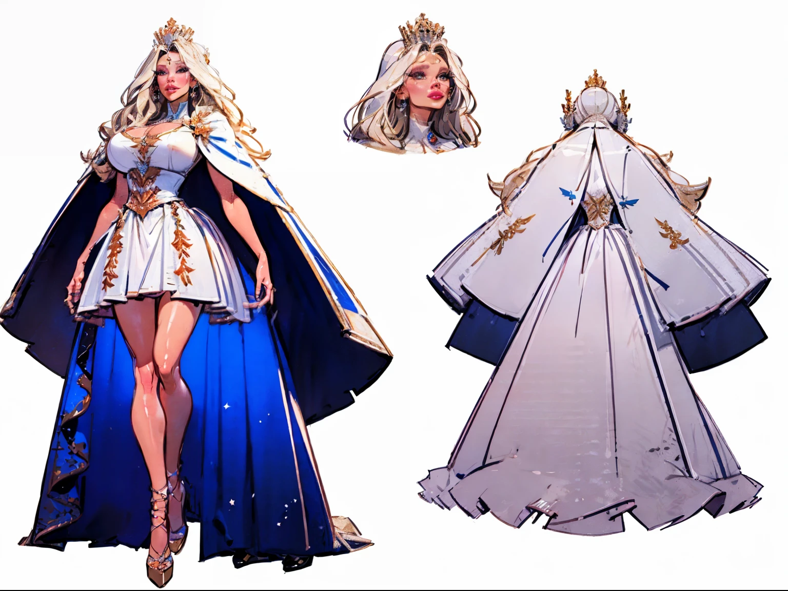 ((masterpiece)),(((best quality))),((character design sheet)), illustration,1woman, environment Scene change, muscular, (white skin:1.4), white legs, thick legs, (royalty cape:1.5), scribbles and marks, fire, ((detailed face:1.1)), rough sketches, pose too, blonde and white color palette, 8k,16k, (simple background, light background: 1.3)