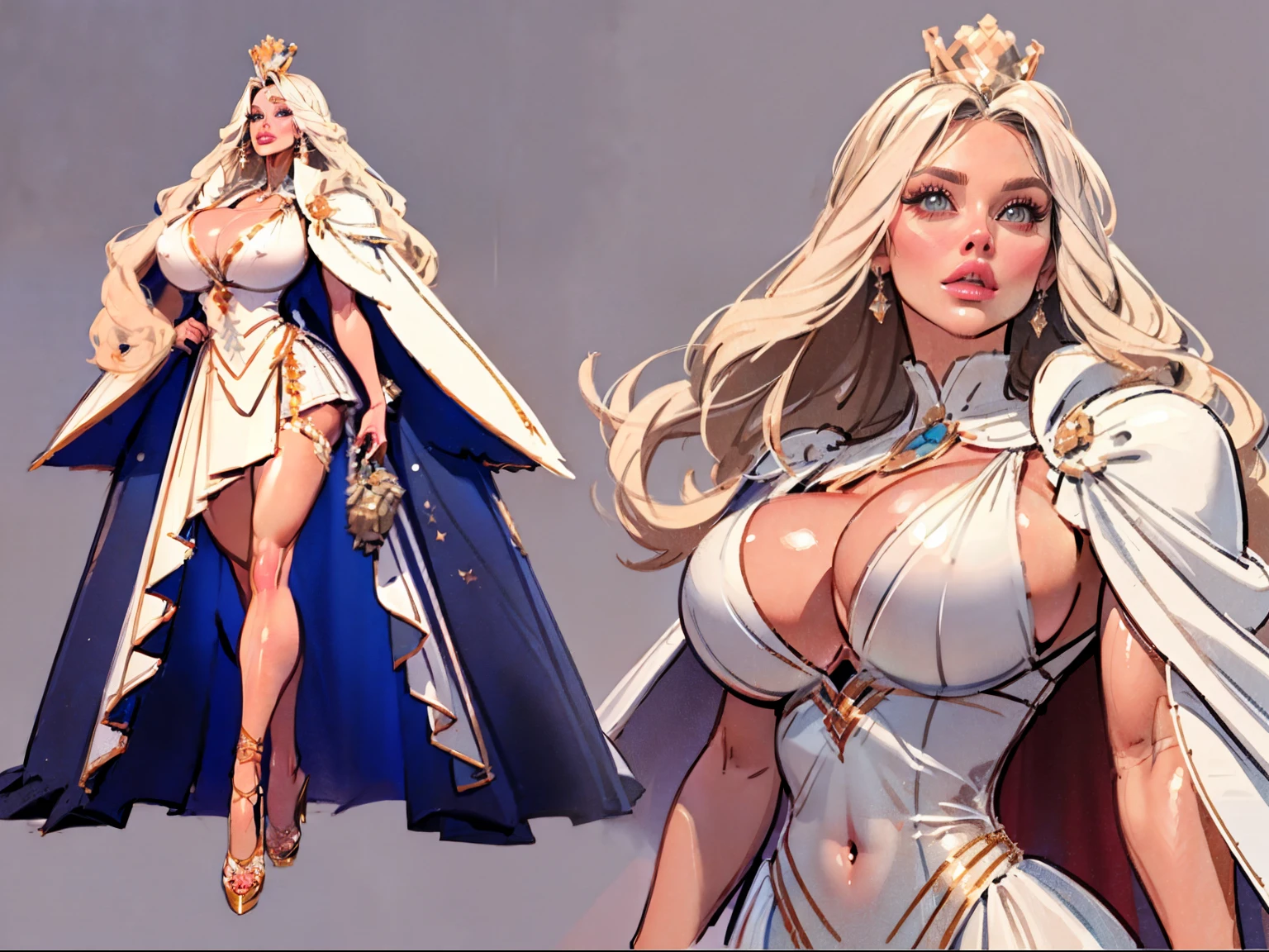 ((masterpiece)),(((best quality))),((character design sheet)), illustration,1woman, environment Scene change, muscular, (white skin:1.4), white legs, thick legs, (royalty cape:1.5), scribbles and marks, fire, ((detailed face:1.1)), rough sketches, pose too, blonde and white color palette, 8k,16k, (simple background, light background: 1.3)