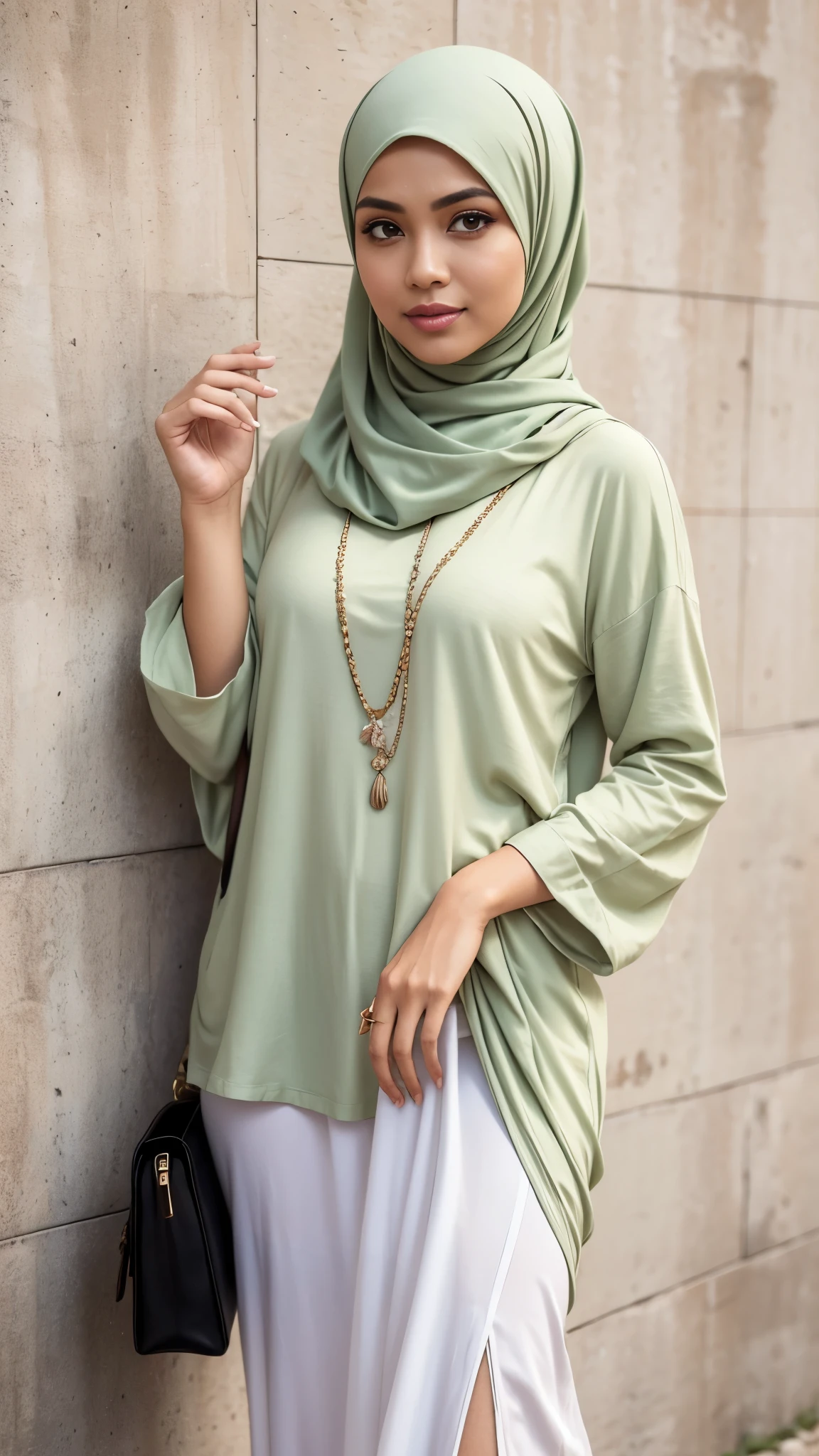 RAW, Best quality, high resolution, masterpiece: 1.3), Beautiful Malay woman in hijab, Masterpiece, perfect fit body, Big breasts, beautiful big eyes, Soft smile, facial details, beautiful face, thick thighs, close up, woman standing in front of a wall with a purse and handbag, wearing a long flowy fabric, feminine in cute pastel shades, casual clothing style, cream colored blouse, long tunic, green tunic, feminine in pastel shades, wearing elegant casual clothes, dressed with long fluent clothes, casual modern clothing, wearing a fisher 🧥, modern fashion outfit,