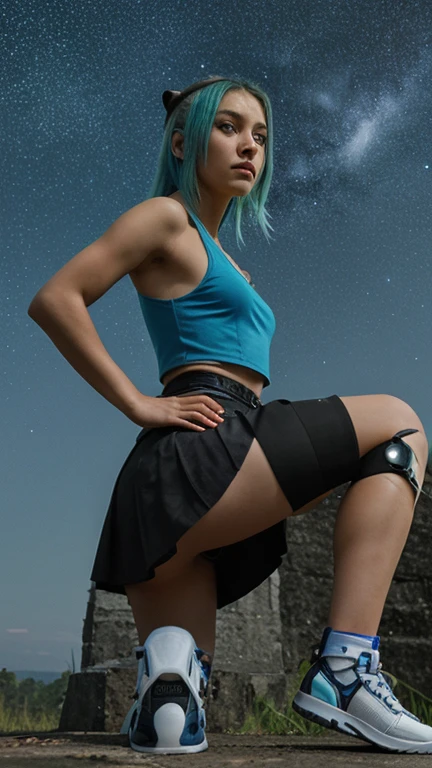 a gorgeous 20-year-old girl, half robot, with a bionic eye, green and blue hair, an athletic body, dressed in a black, short fitted skirt, a white, short tank top and an open red vest, looking at the sky with a look cradled, sitting down with a Bengal tiger standing quietly at her feet, and a black panther crouching next to her, and with the multi-colored starry sky behind
