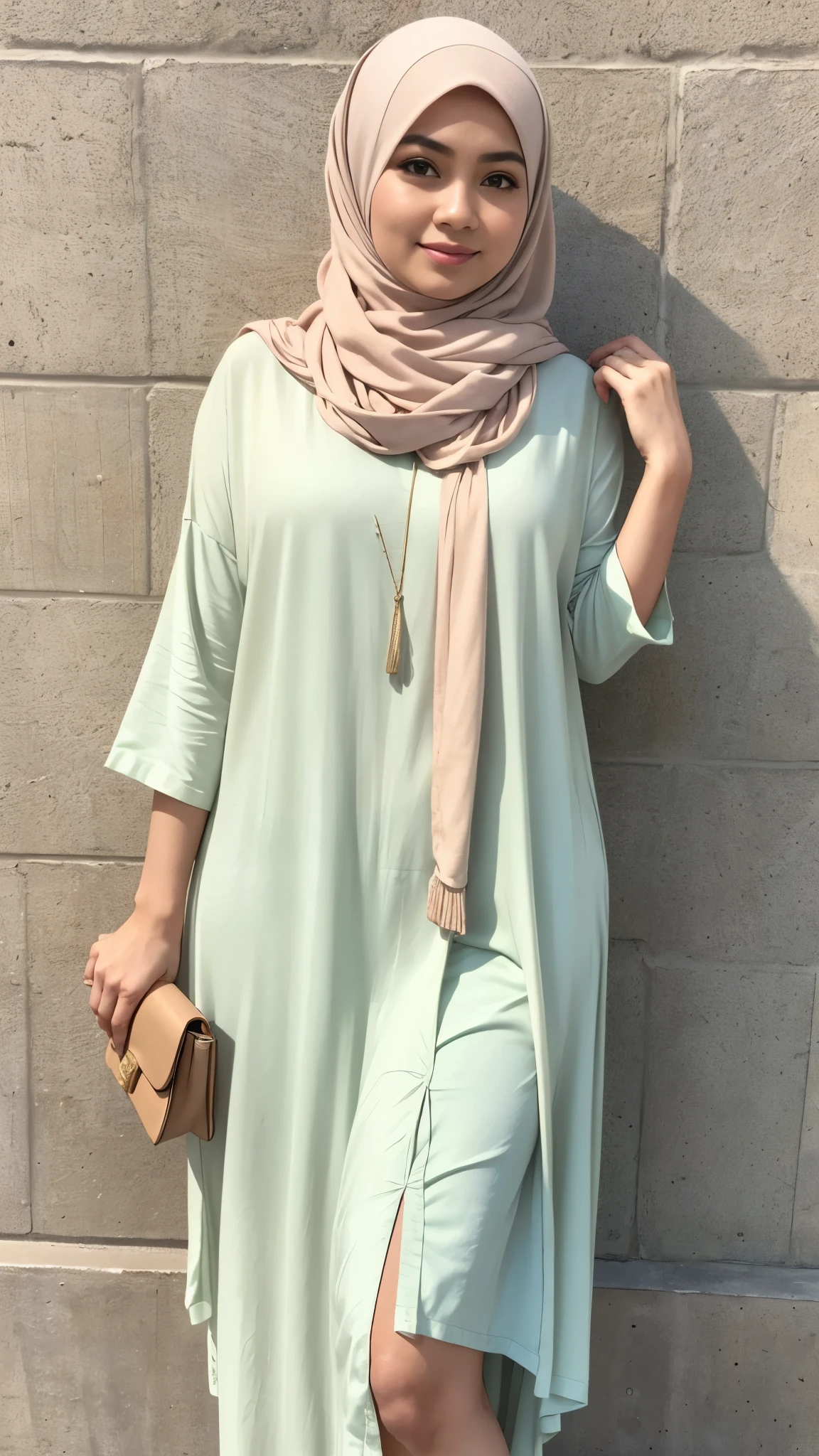 RAW, Best quality, high resolution, masterpiece: 1.3), Beautiful Malay woman in hijab, Masterpiece, perfect fit body, Big breasts, beautiful big eyes, Soft smile, facial details, beautiful face, thick thighs, close up, woman standing in front of a wall with a purse and handbag, wearing a long flowy fabric, feminine in cute pastel shades, casual clothing style, cream colored blouse, long tunic, green tunic, feminine in pastel shades, wearing elegant casual clothes, dressed with long fluent clothes, casual modern clothing, wearing a fisher 🧥, modern fashion outfit, Good lighting, Bright colors, Clean lines